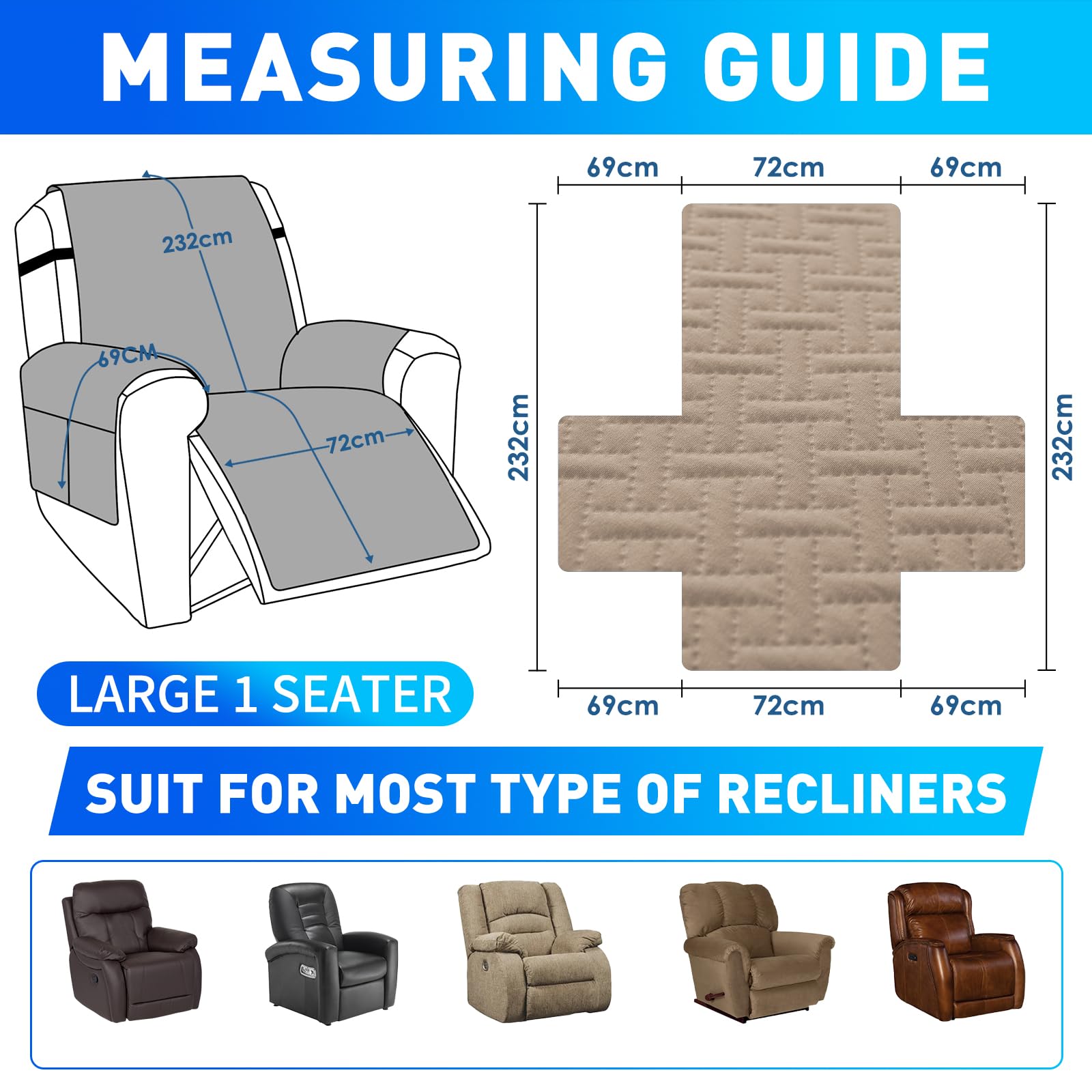 Impermeable Funda Sillon Reclinable 1 Asiento-X, Impermeable Funda Sillón Reclinable, Fundas para Sillon con Bolsillos Laterales, Fundas Sillón Relax Antideslizante, Café Claro