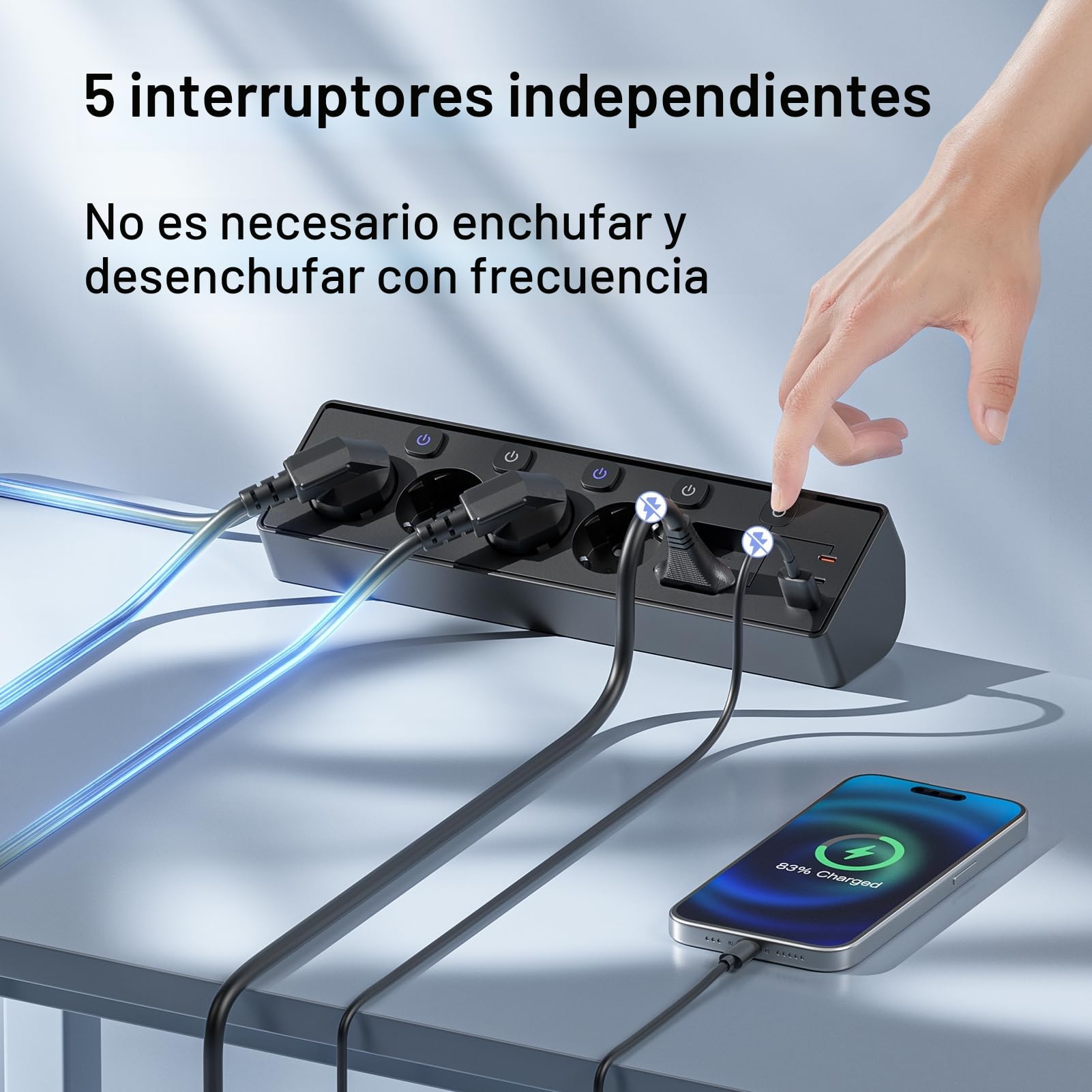 Regleta Escritorio con USB C (PD 30W), Interruptores Individuales Toma de Corriente de Escritorio, Regletas Enchufes Proteccion Sobretension, Cable de 2 Metros para Oficina en Casa,Cable 2M,Negro