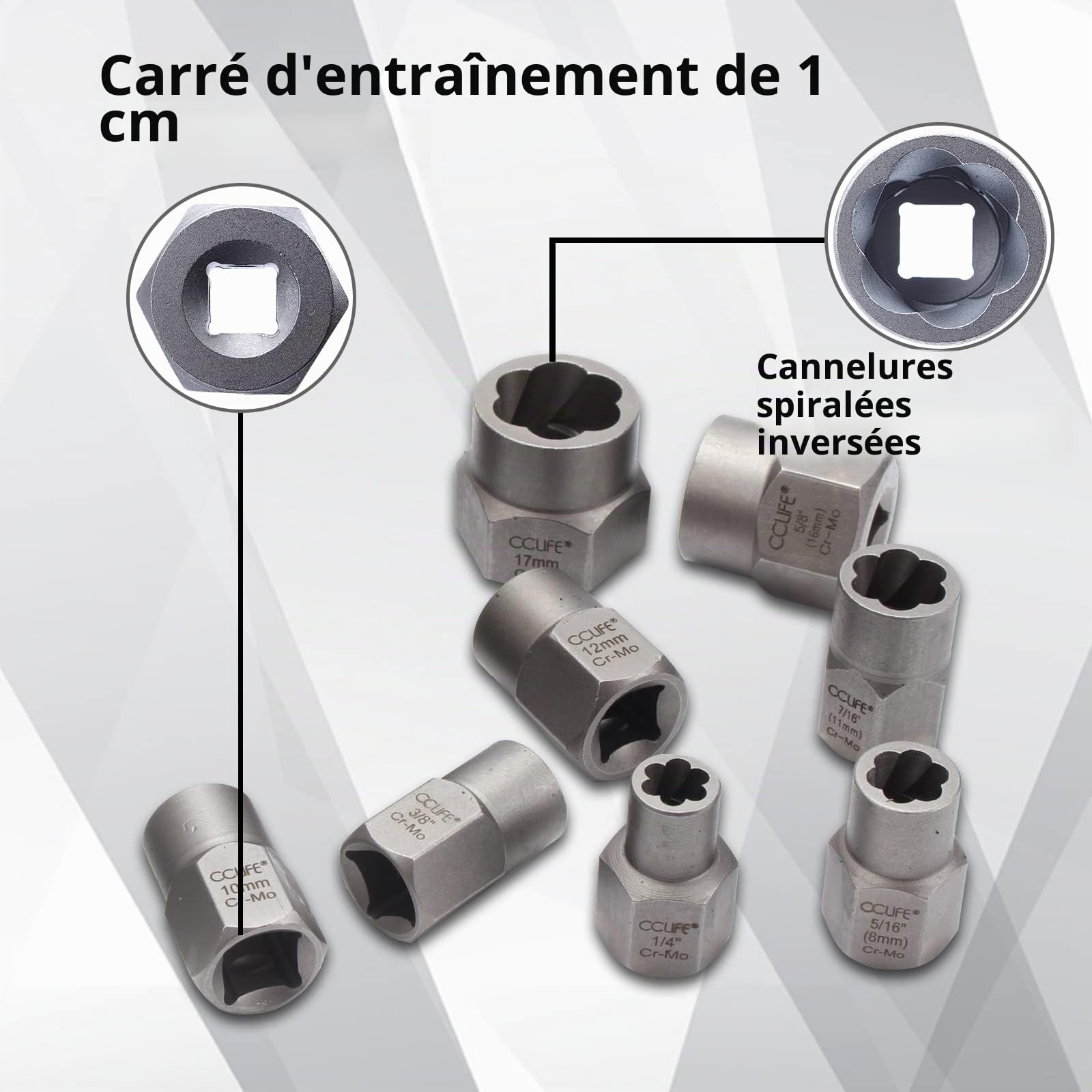 CCLIFE 15pcs Coffret douille extracteurs de boulons et d'écrousl, extracteur d'ecrou endommagés Cr-Mo Matériau 8-19mm,Entraînement carré 3/8'