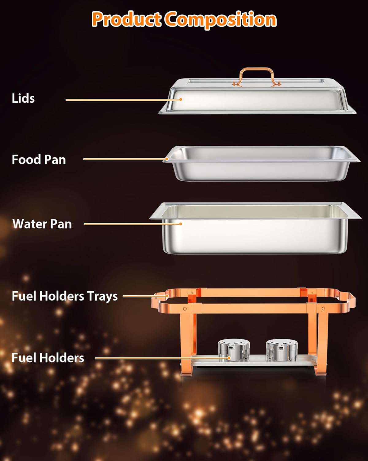 Chafing Dish Buffet Set, 8 QT 4 Pack, Rectangle Chafing Dishes for Buffet w/Lid Holder, Stainless Steel Chafer Food Warmers Servers for Kitchen Party Banquet Dining, Rose Gold