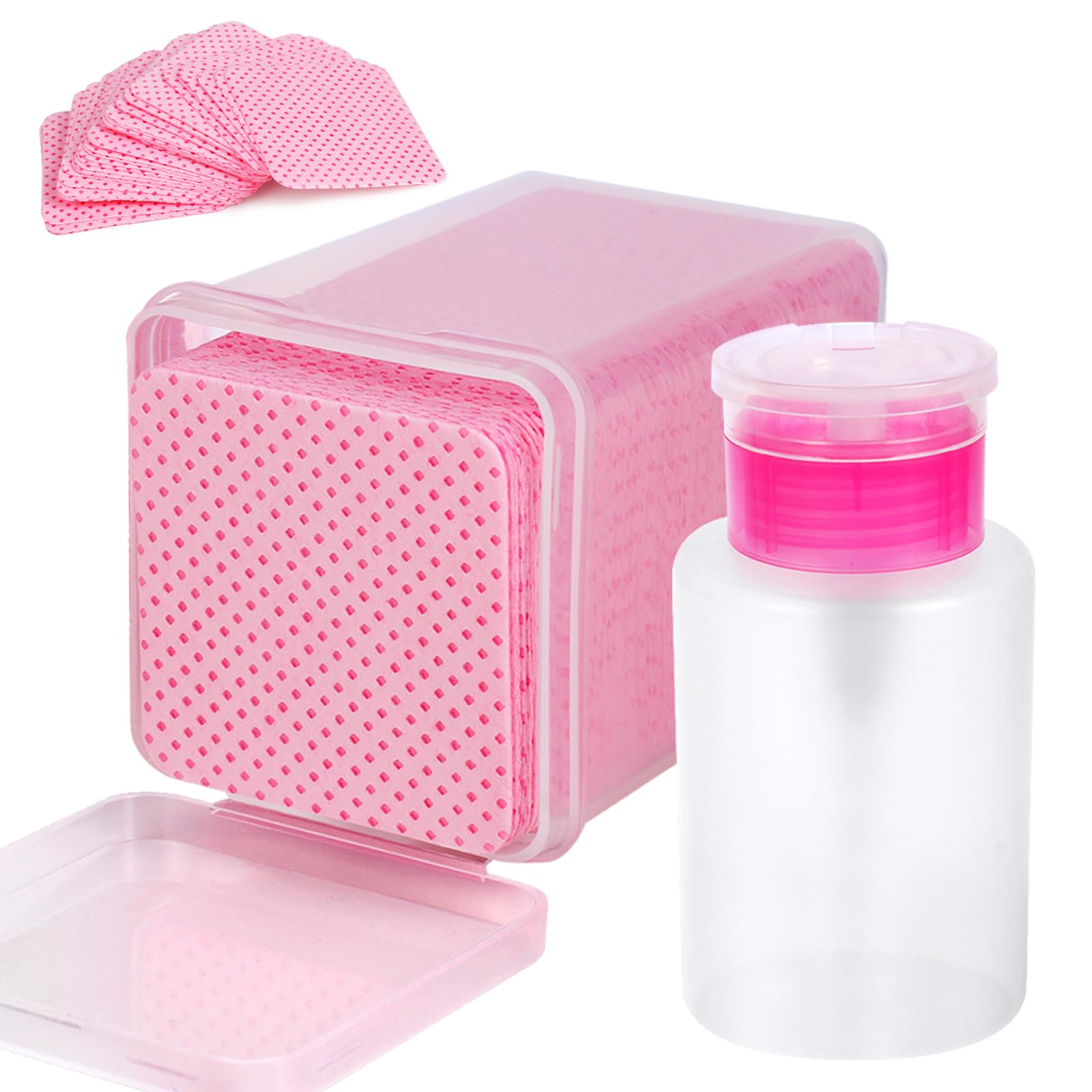 200 Pieces Nail Cotton Pads,1 Pull-Down Pump Dispenser Bottle, Super Absorbent Soft Non-Woven Eyelash Glue Wipes, Nail Polish dehumidifier for Eyelash Extension Products and Nail Oil Bottle (Pink)