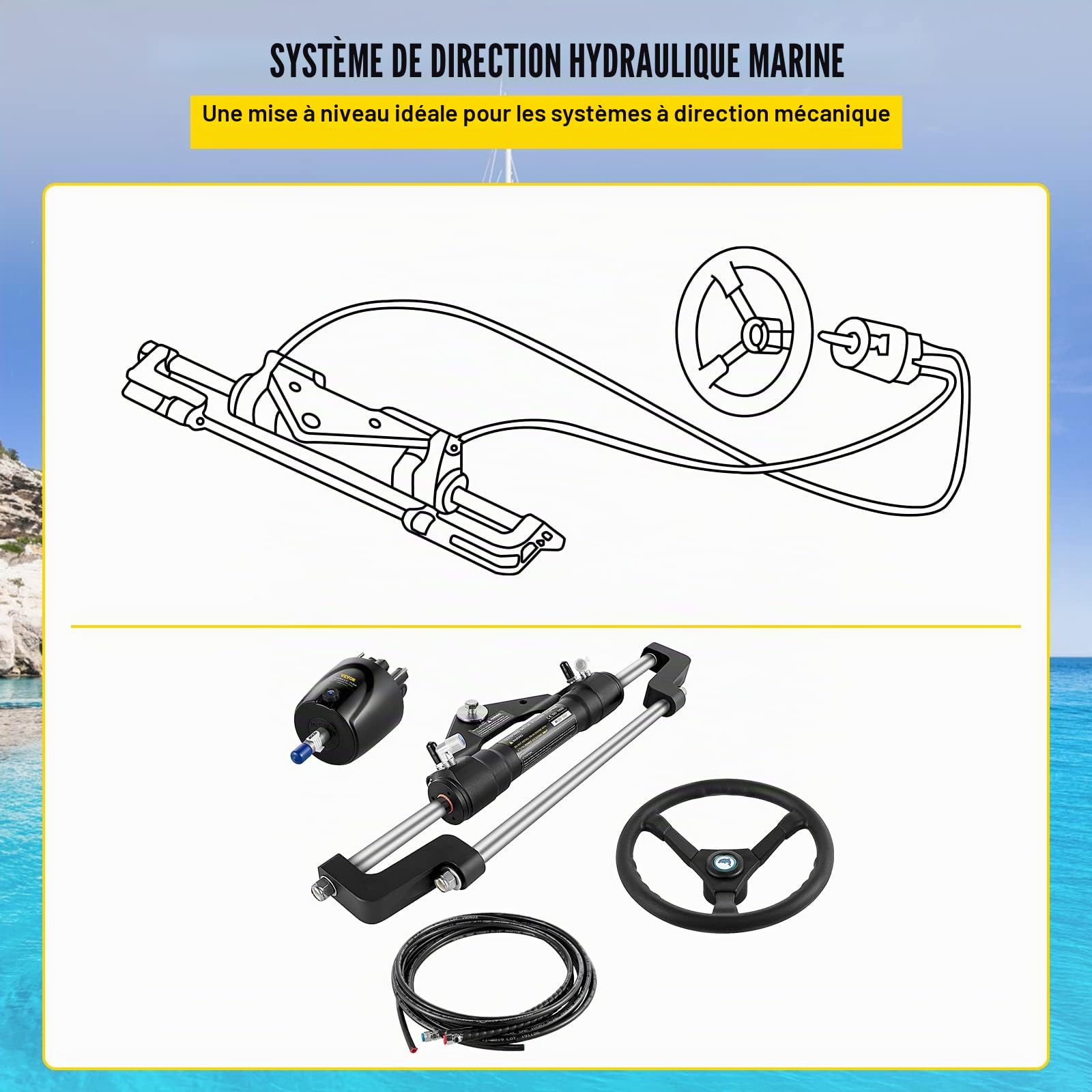 VEVOR Kit de Direction Hydraulique pour Bateau 300 HP, Cylindre de Direction Hors-Bord, Pompe à Barre avec Volant et Tuyau de Direction Hydraulique de 6,7 m, pour Système de Direction des Bateaux