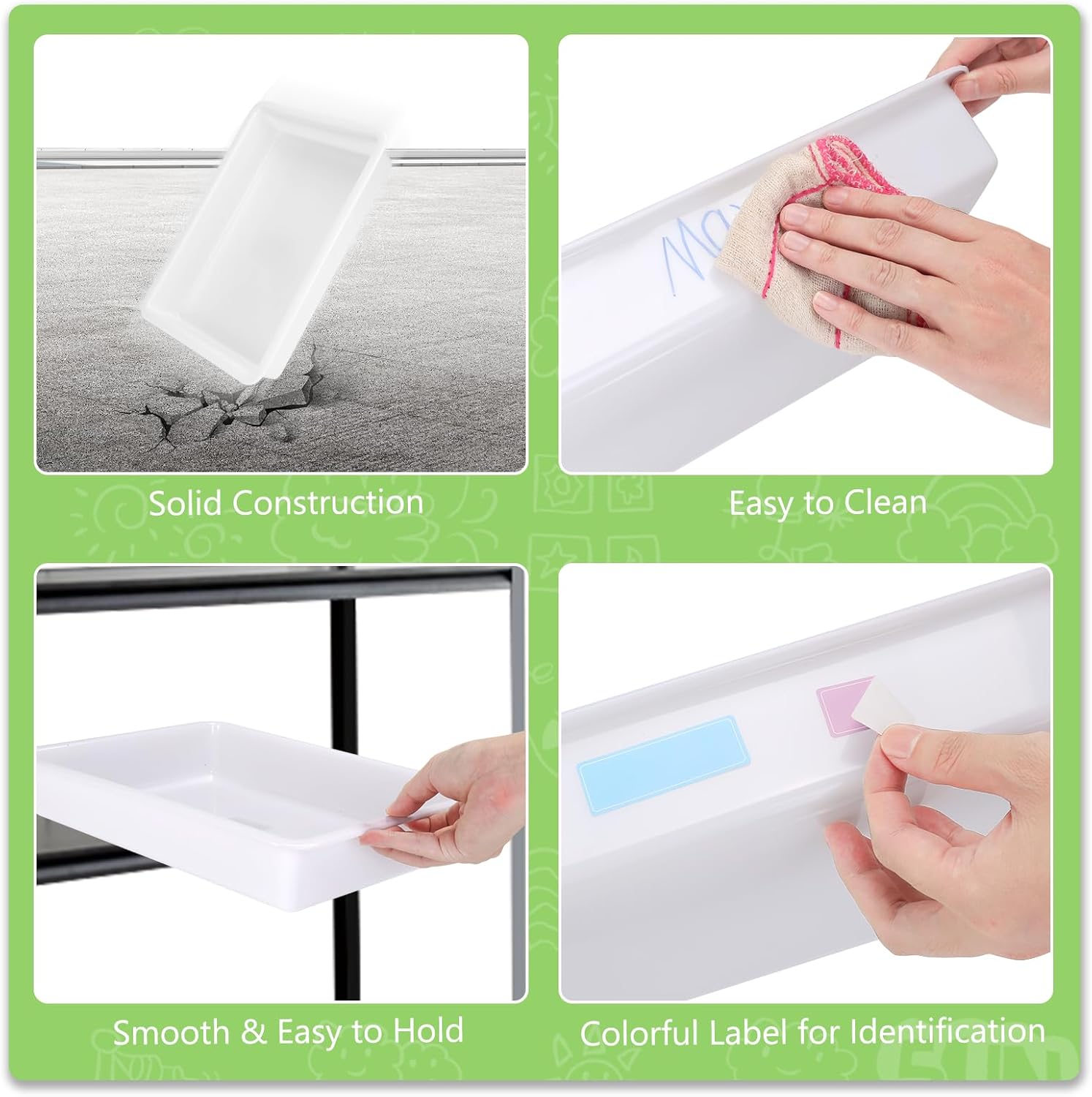 ShineMe Turn in Trays Classroom, 6 Pack White Paper Trays for Classroom with Colorful Labels, Thick Plastic Storage Bins for School, Office Organization, Letter Size Flat Storage Tray