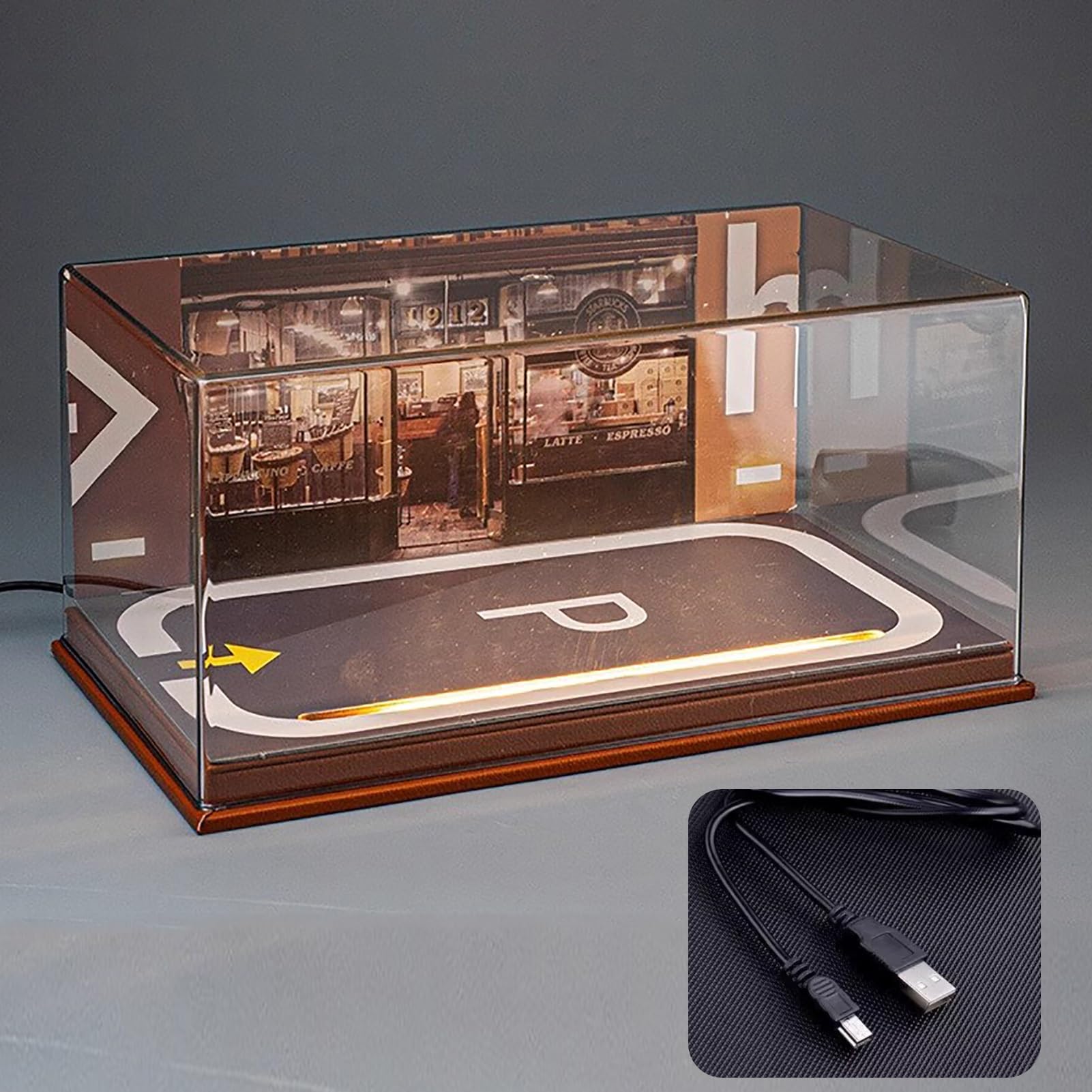 ZIMGOD Vitrina AcríLica Caja Expositora Apilable con Cable USB y Luz LED, Caja Acrílica de Modelo de Coche de Alta Transparencia para Escala 1/24, Vitrina con Placa de Fondo Extraíble(Brown)