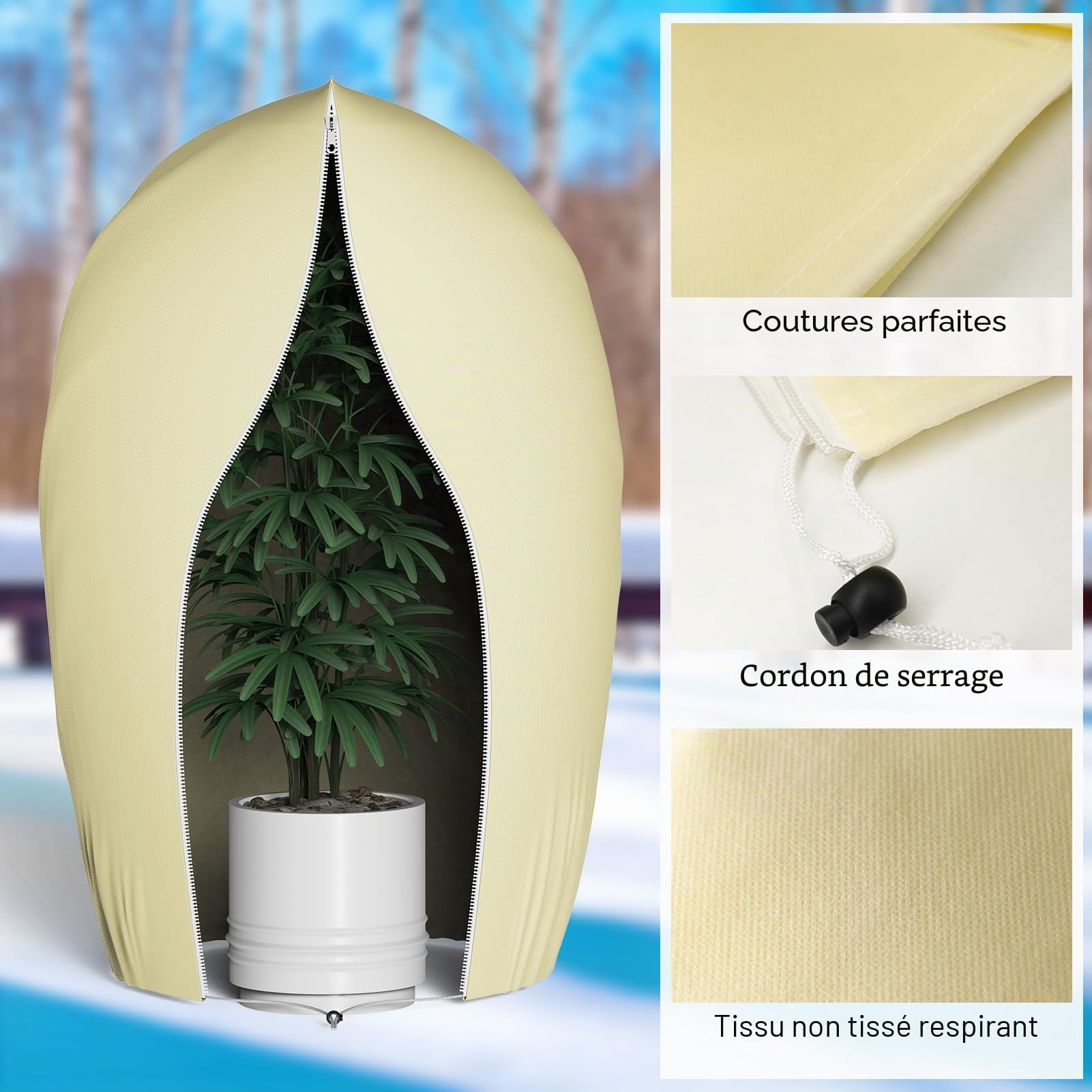 Lot de 2 protections hivernales pour plantes d'extérieur, 200 x 240 cm, protection hivernale pour plantes en pot, avec fermeture éclair et cordon de serrage, protection hivernale pour arbre, palmier