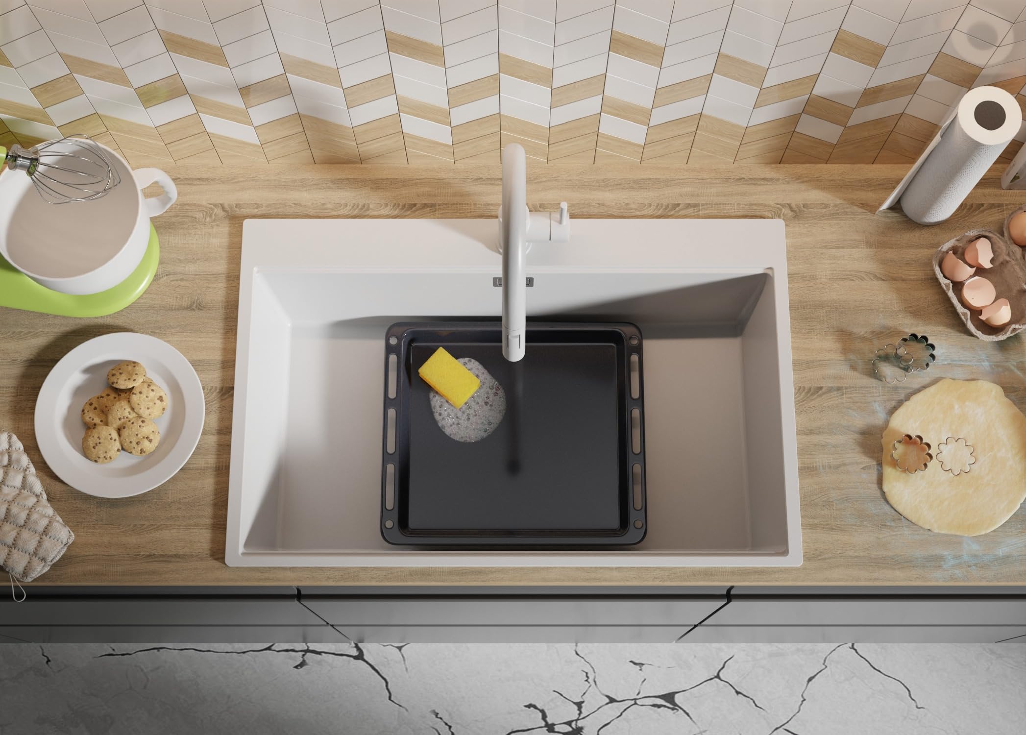 PRIMAGRAN Lavello da Cucina Bianco 78x50cm, Lavandino in Granito a 1 vasca + Set di accessori, Lavabo da Cucina Incasso al Mobile 80cm - Oslo Top S558