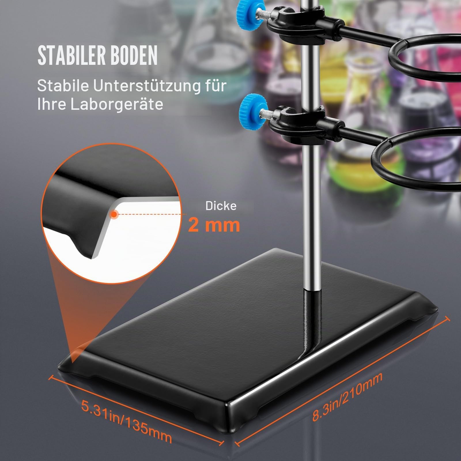 VEVOR Laborständer-Unterstützung, Labor-Retorten-Stützständer 1 Satz, Laborständer aus Stahl mit 60 cm Stab & 210,82 x 135 mm Gusseisenbasis, inkl. Kolbenklemmen, Bürettenklemmen und Kreuzklemmen