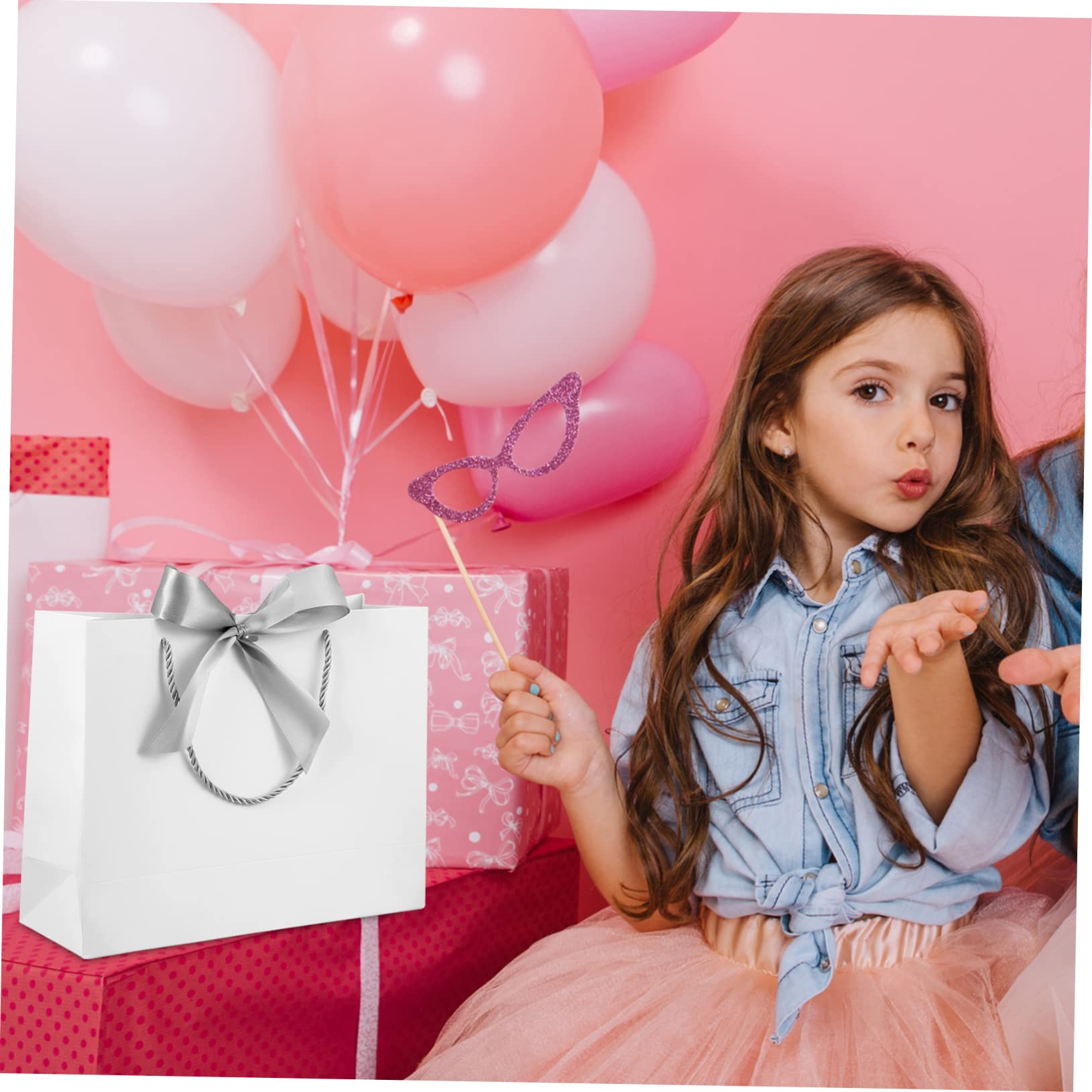 KOCKSHION 10piezas Bolsas De De Papel Con Asas y Lazos De white Con Lazos Plateados Para Bodas Cumpleaños y Celebraciones