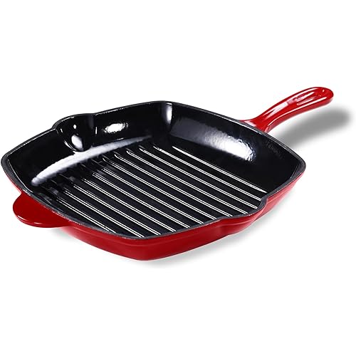 CAROTE 10" Cast Iron Grill Pan Skillet Frying Pan, Oven, Stovetop, Grill, Campfire & Induction Compatible, Durable, Non-Toxic, Even-Heating Cookware, Red, Square