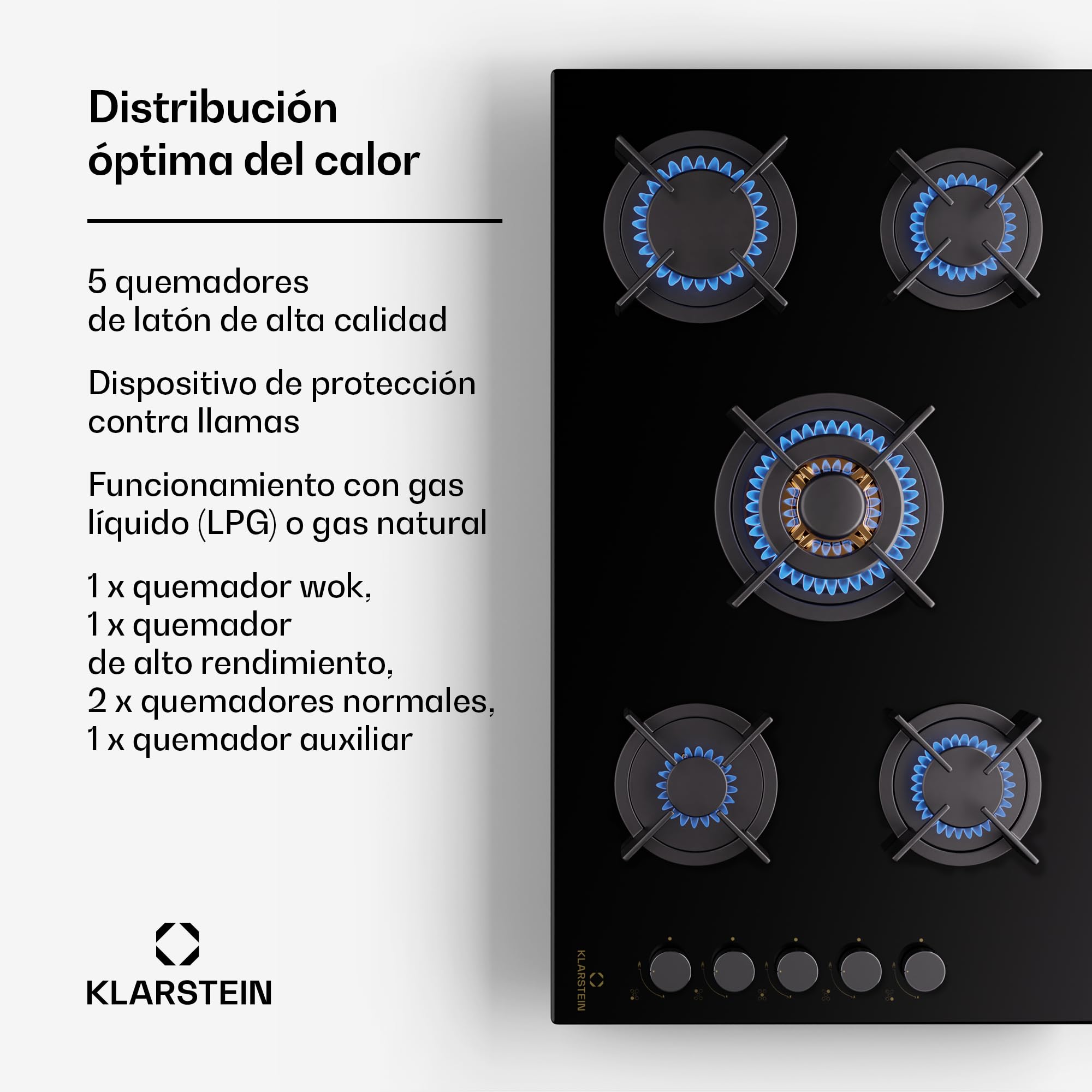 Klarstein Cocina Gas Butano, 5 Quemadores 10400W, Fogones Gas Butano Portátil Camping para Placa de Acero Inoxidable, Encimera para Cocinar en Exterior