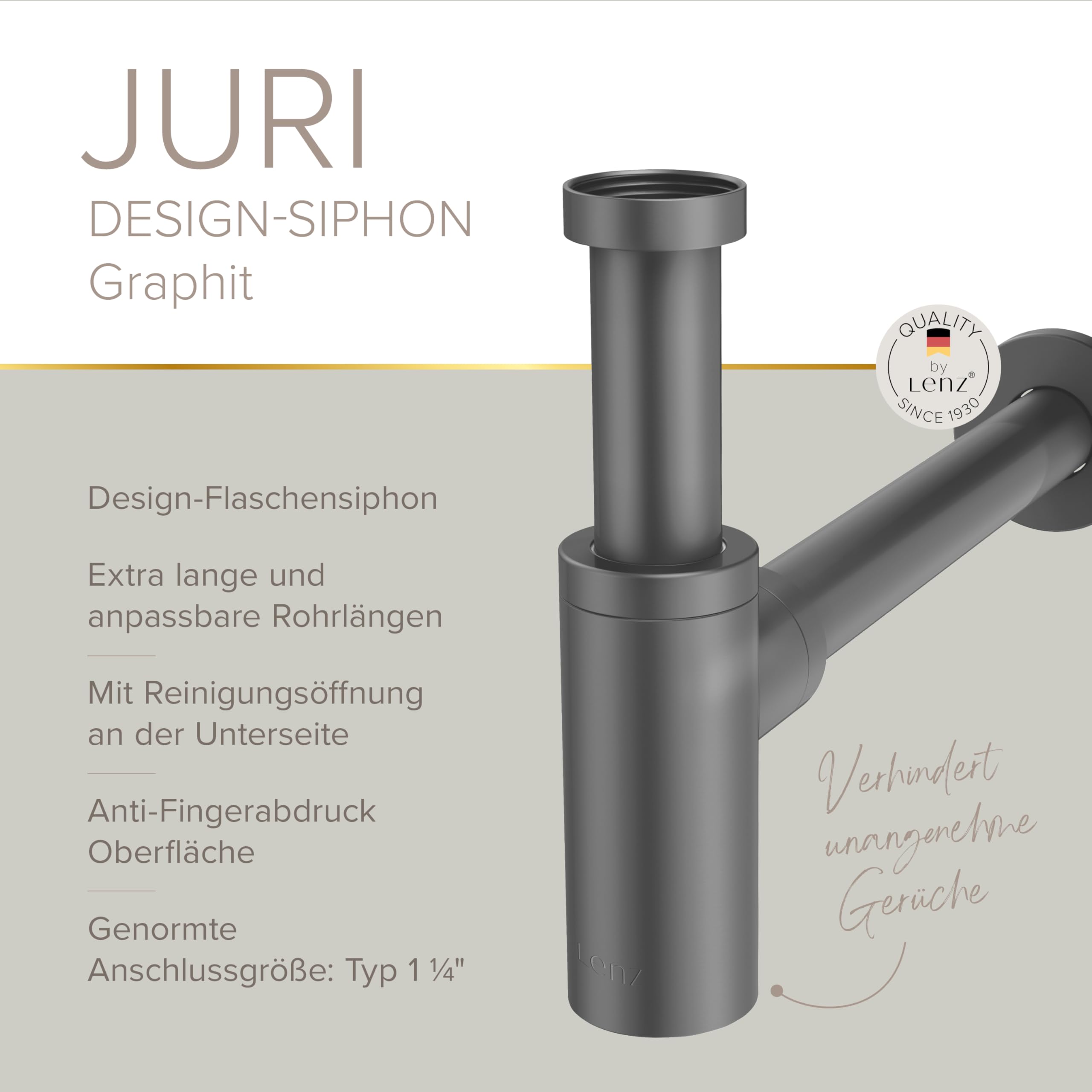 Lenz Design-Siphon JURI in Graphit – Für alle gängigen Waschbecken | Typ 1 1/4", Rohre extralang und anpassbar, Reinigungsöffnung und Geruchsverschluss, Anti-Fingerabdruck Oberfläche, 46090031