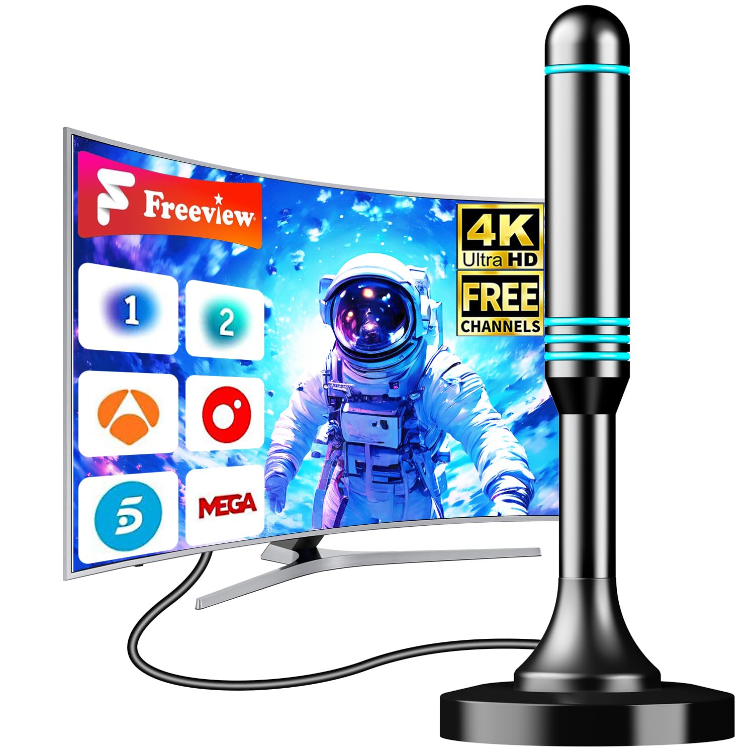 Antena TV Interior TDT HD 1080P 4K, Antena Portátil con Base Magnética, Recepción de Larga Distancia, Compatible con DVB-T/DVB-T2 y Smart TV, Acceso a Canales Locales Sin Suscripción