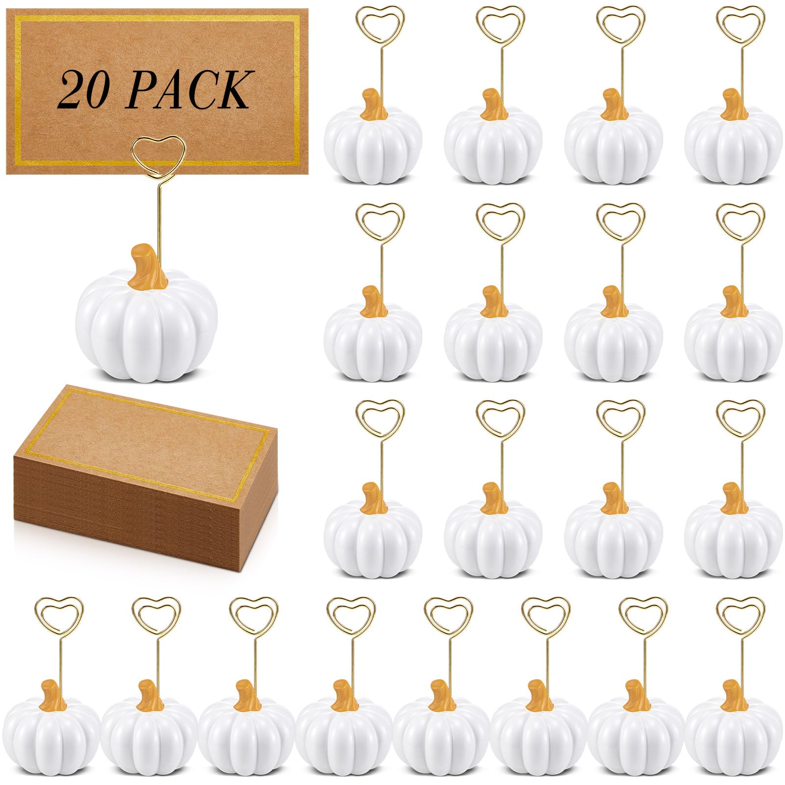 Qeeenar 40 Pcs Thanksgiving Pumpkin Place Card Holder with Fall Cards White