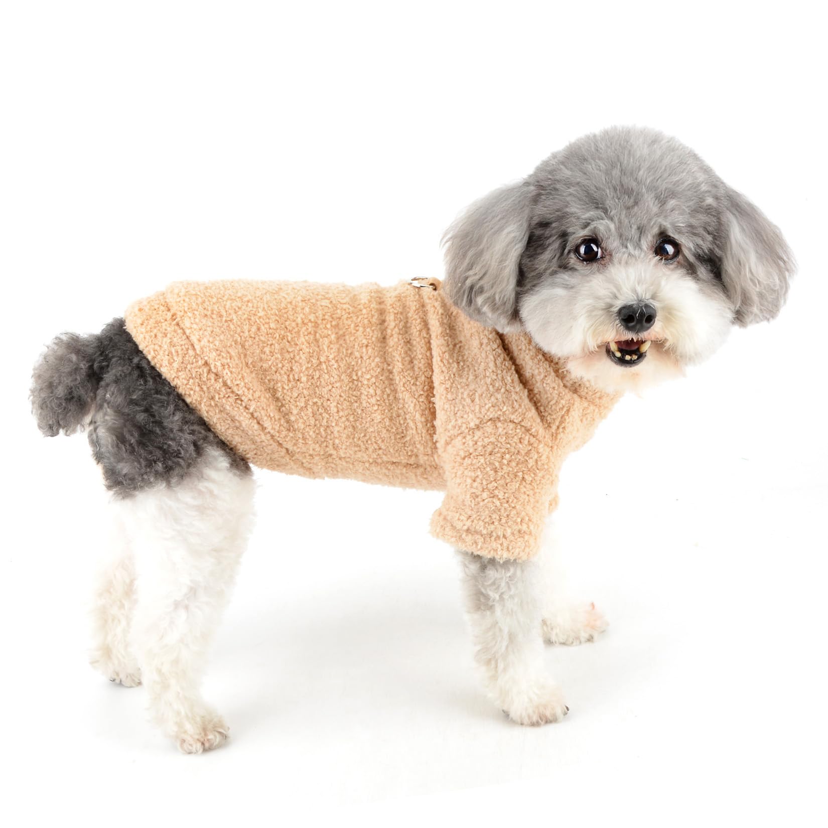 Ranphy Effen hondentrui van fleece voor kleine honden, meisjes en jongens, warme huisdieroutfit, puppyvest met D-ring zachte herfst winterjas, chihuahua yorkie trui kattenkleding, kaki, M