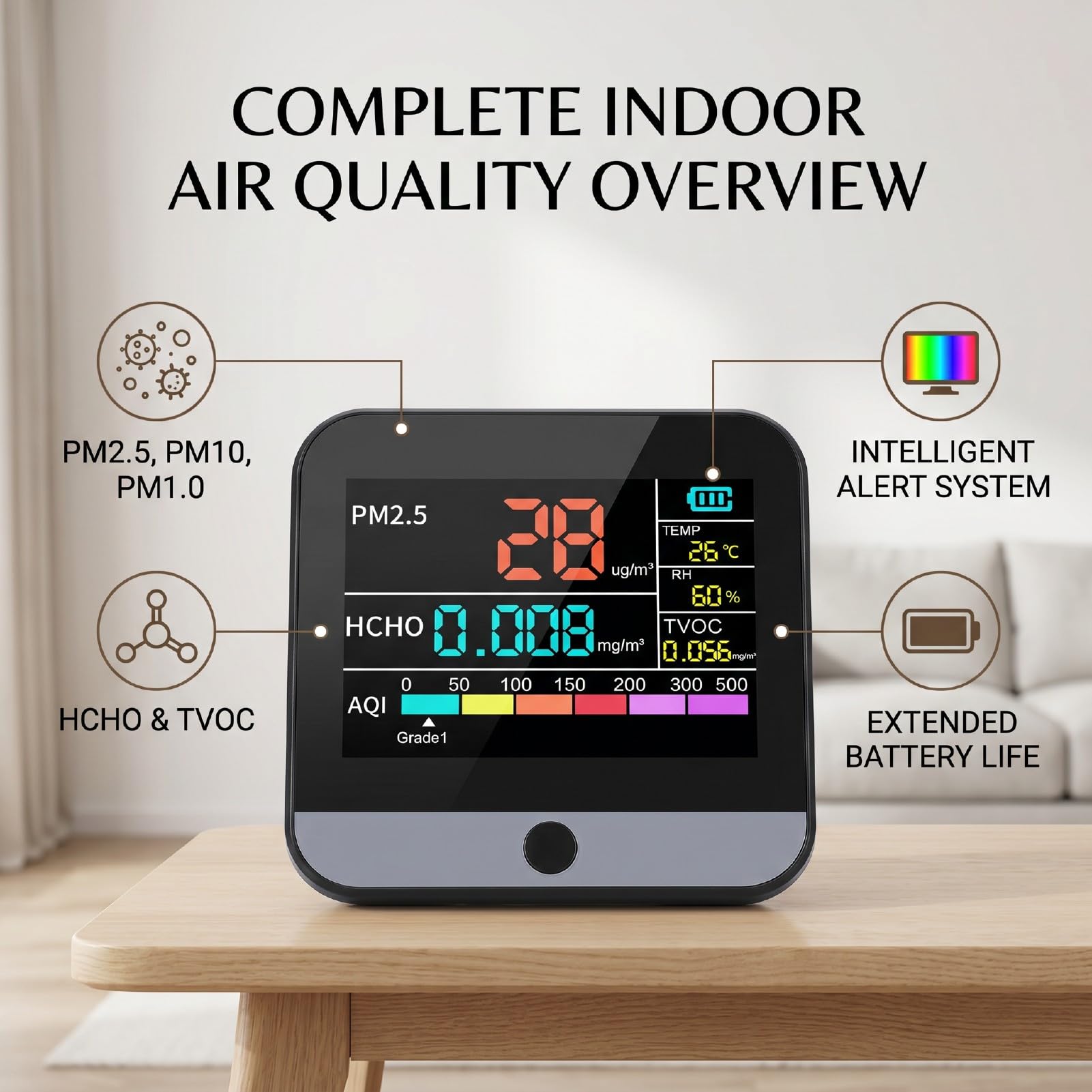 Walfront Monitor de Calidad del Aire 8 en 1, Probador de PM2.5 PM10 TVOC