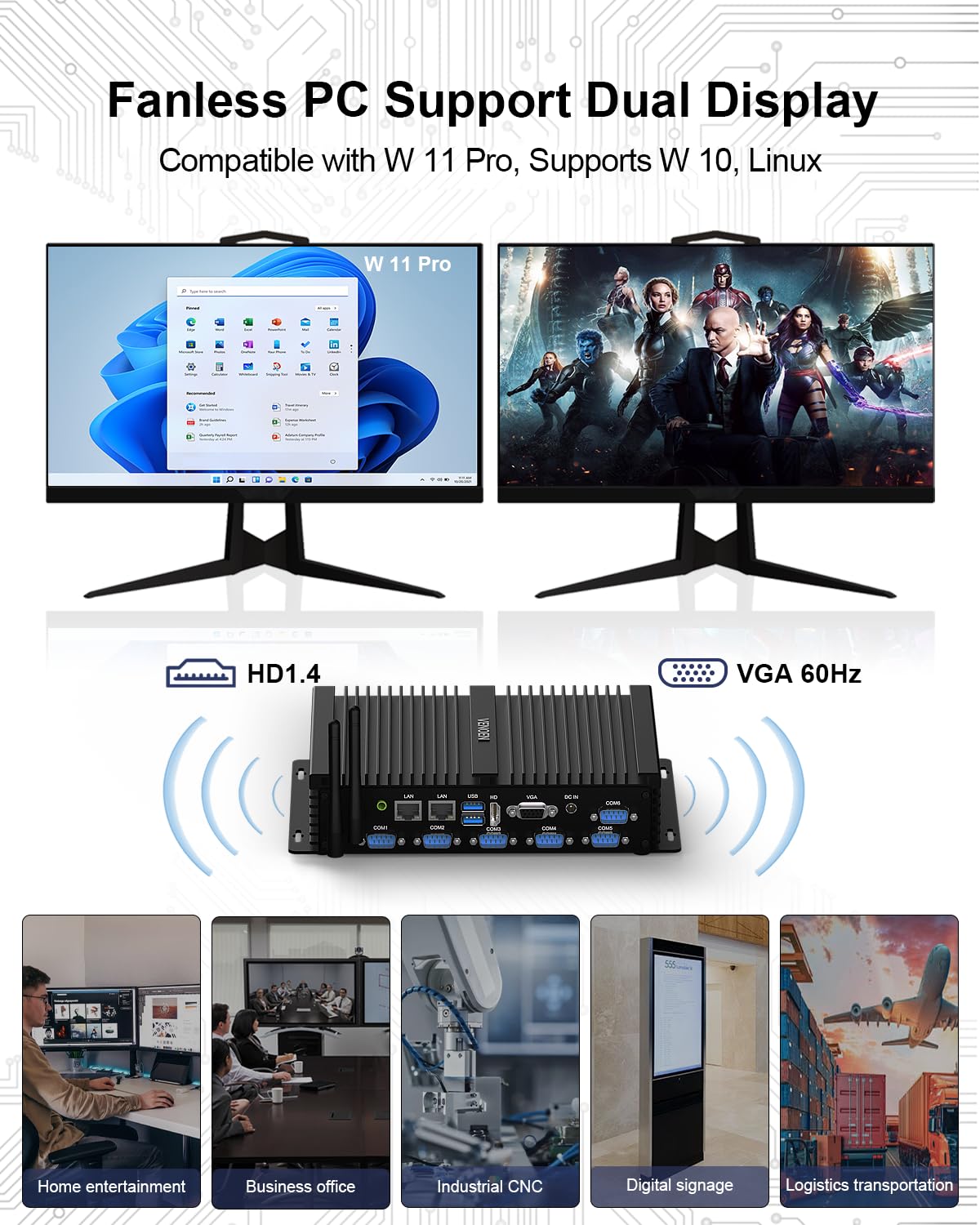 VENOEN Mini PC Industrial, PC sin Ventilador i7, Computadora Industrial, Core i7 8550U, W11 Pro, HD1.4, VGA, 6 RS232 COM, RJ45 LAN, USB, Ranura SIM, WLAN, BT4.0, WOL, Raid, 16GB RAM 512GB SSD