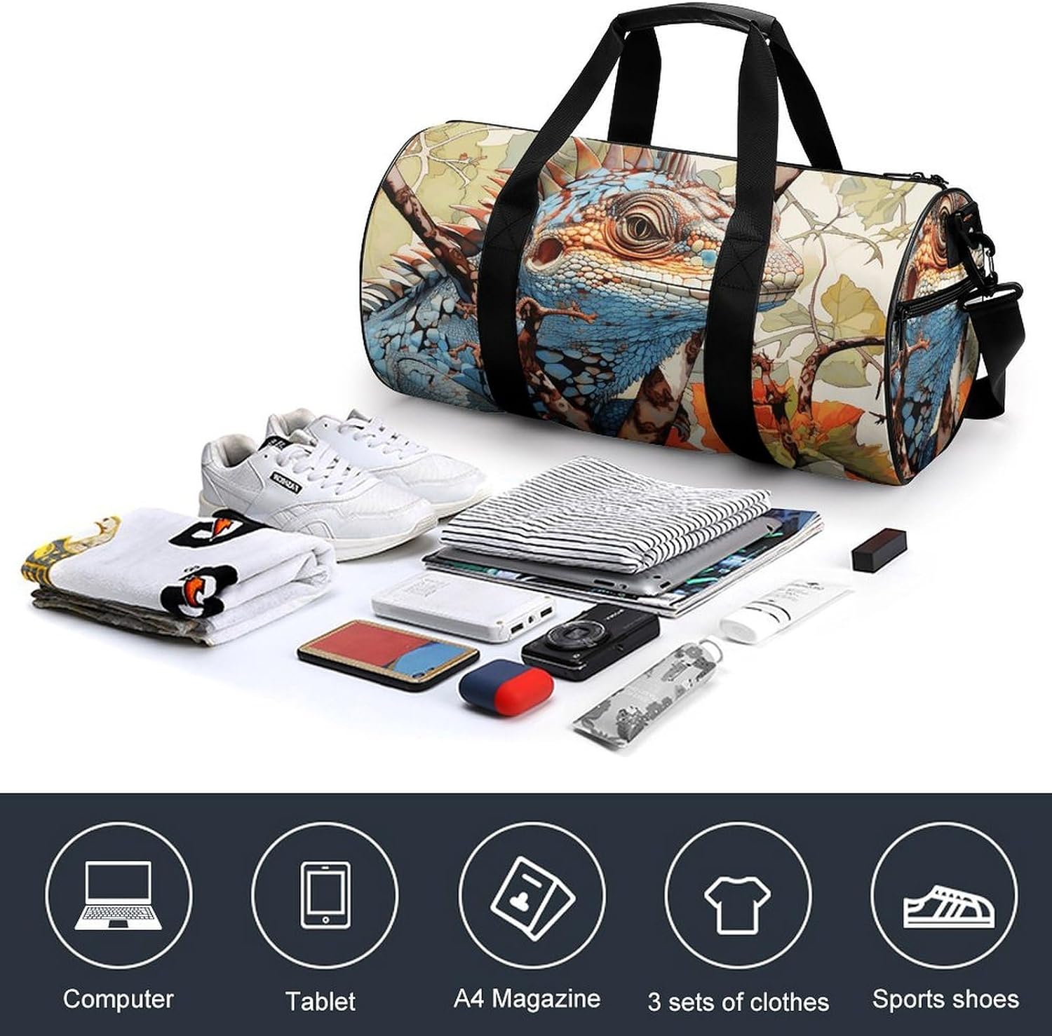 Lizard on The Branch Gym Bag Hand-held Fitness Bags Cylindrical Fitness Bag with Shoe Large Compartment Duffle Bags for Travel Sports Unisex image 4