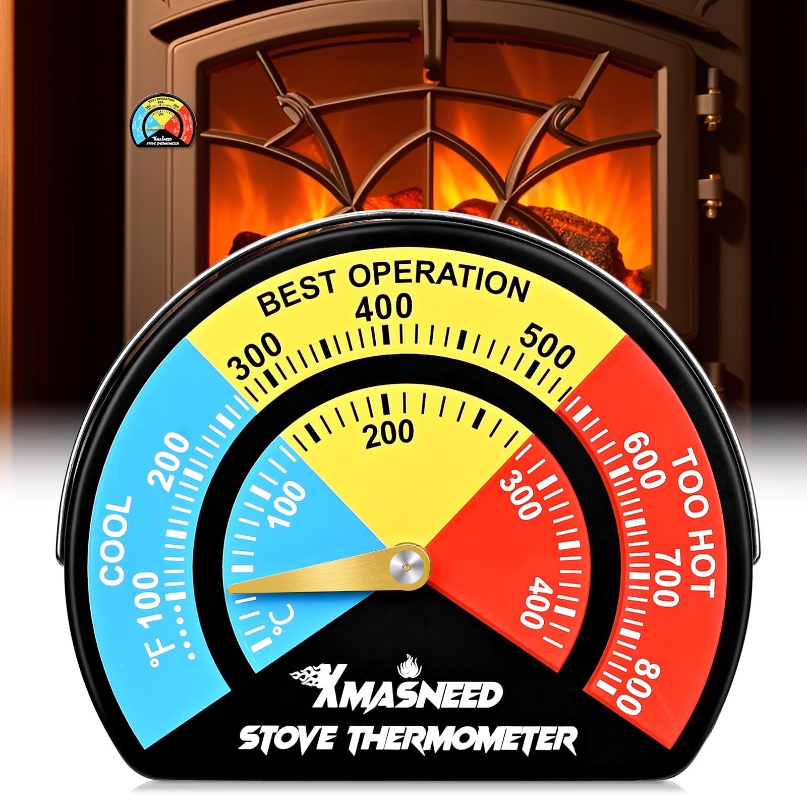 Magnetic Fireplace Thermometer - Large Size, Stove Top Temperature Gauge for Wood Burning Stove & Pellet Stoves (1)