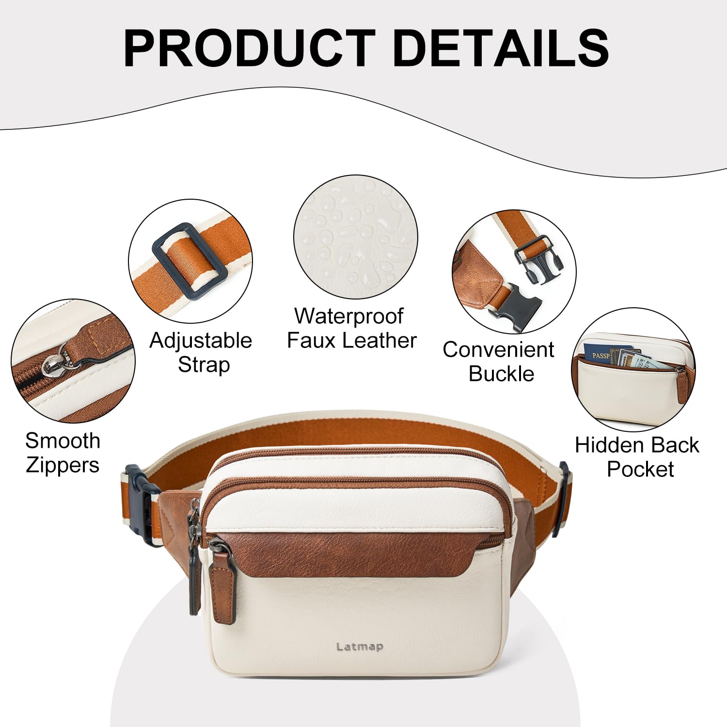 LATMAP Sac banane de 3 L pour femme en cuir végétalien, sac banane tendance, petit sac banane pour voyage, course à pied, entraînement, beige