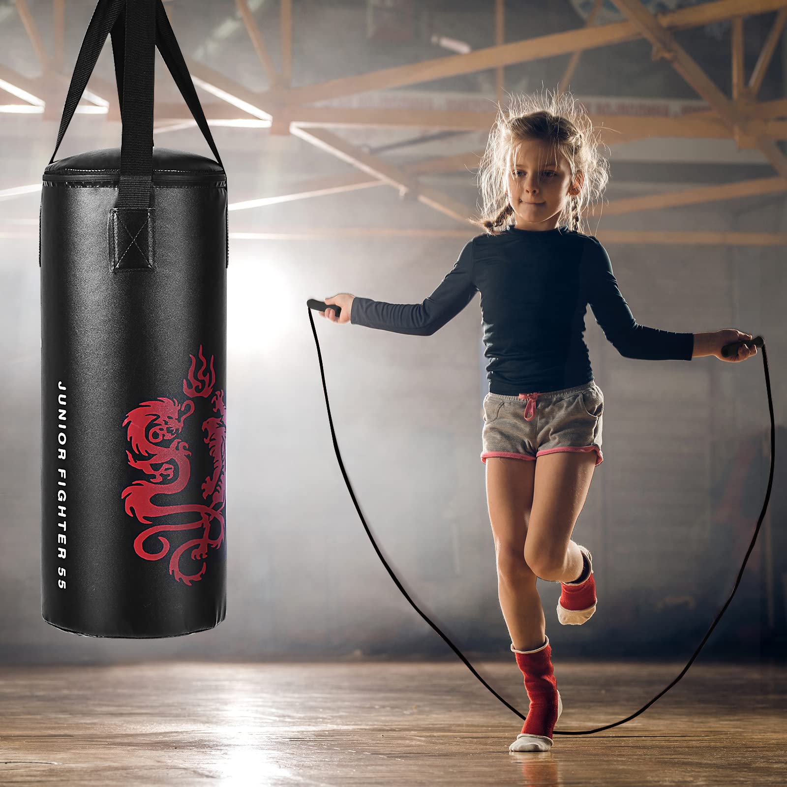 GYMAX Sac de Frappe pour Enfants, Sac de Boxe Suspendu avec Gants de Boxe & Corde à Sauter & Sac de Transport, Remplissable de Sable