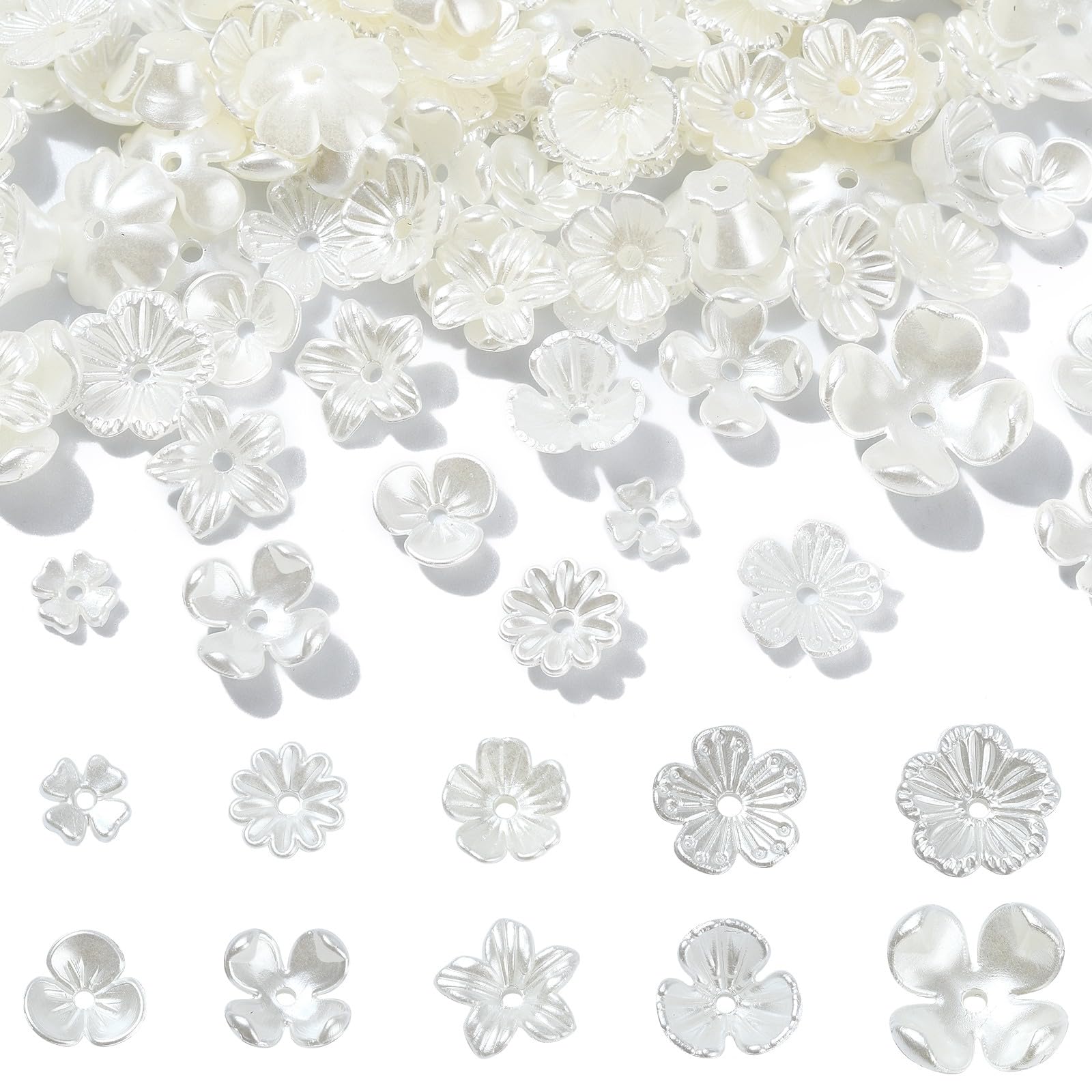 KitBeads 200pcs 10 Styles Acrylic Flower Bead Caps White Floral Bead Caps Imitation Pearl Trumpet Flower Bead End Caps for Jewelry Making Bulk