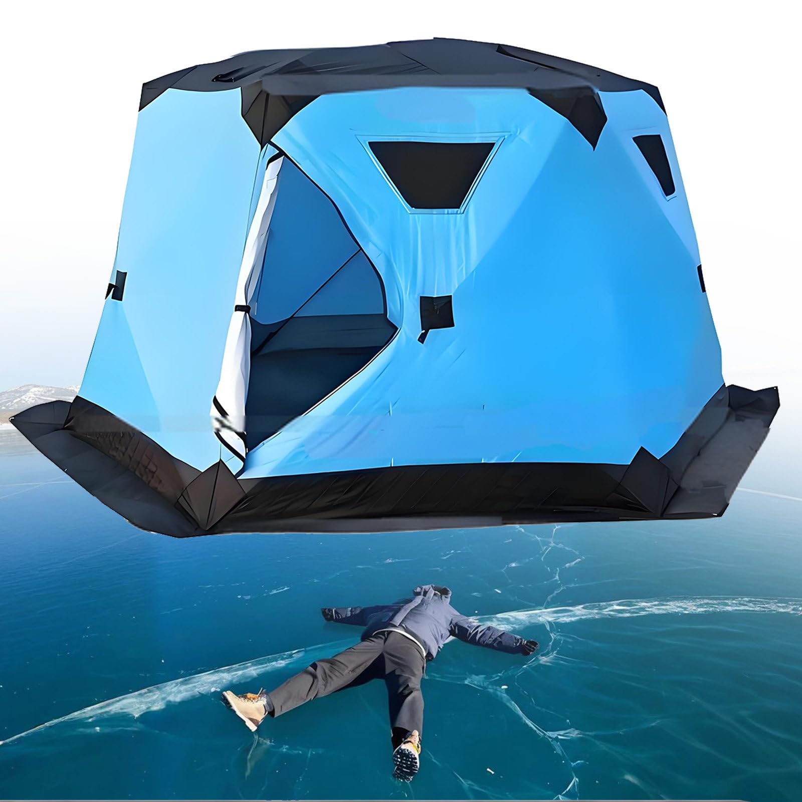 Tente de pêche sur glace isolée, cabanes hexagonales pour 5 à 6 personnes, abris de pêche sur glace avec cheminée, imperméable, pour la pêche sur glace et le camping d'hiver - Bleu