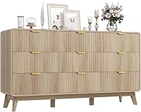 Vista 11 de QUW Cómoda moderna acanalada de 59.1 pulgadas de ancho para dormitorio con 9 cajones, cómoda alta con mango de metal, soporte de TV de madera