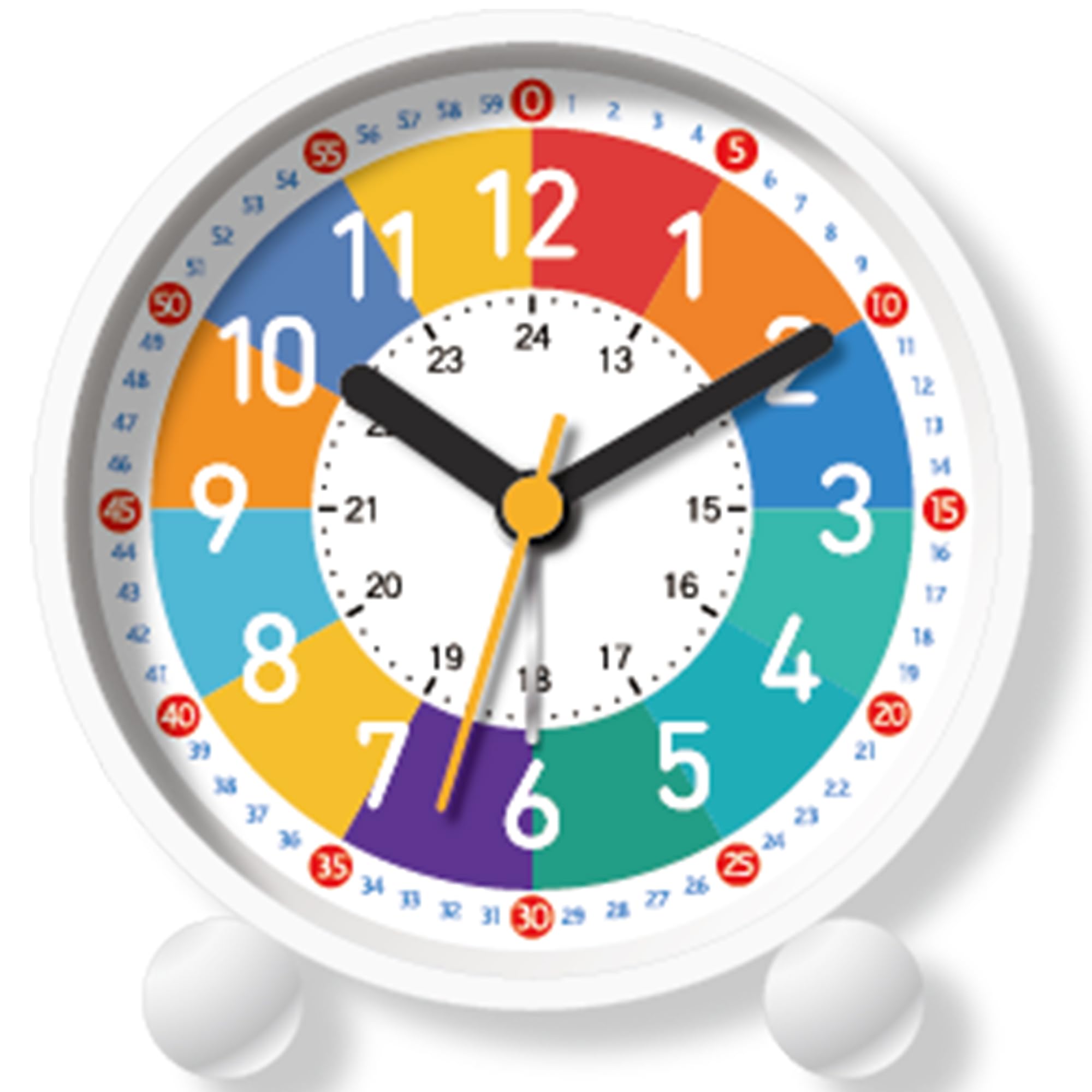 Analog Alarm Clock for Kids: Telling Time Teaching Clock Learning Clock with Colorful Dial, Silent Wall Clock to Teach Kids How to Tell Time, Battery Operated Alarm Clock with Back-Light (White)