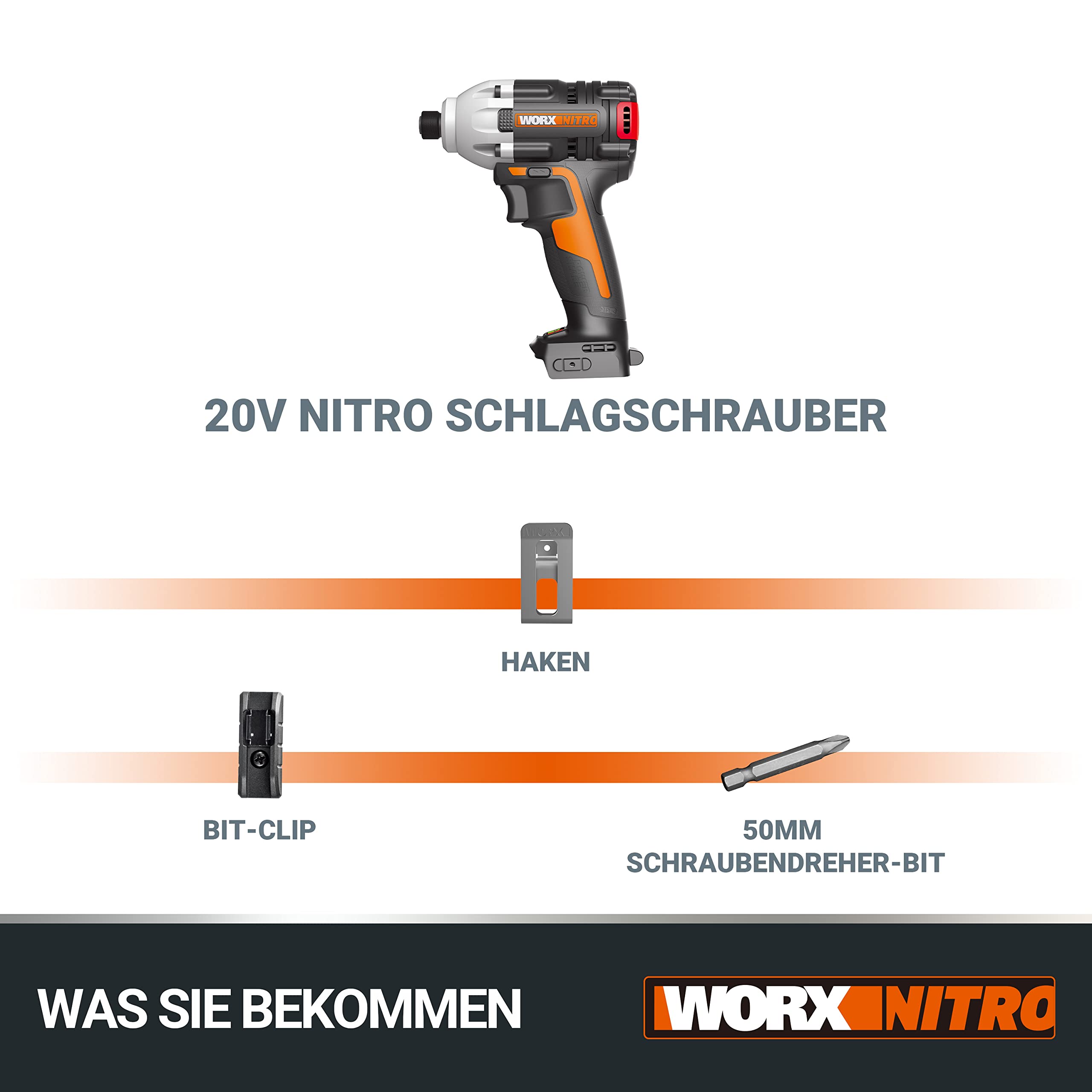 WORX WX261.9 Akumulatorowa Wkrętarka Udarowa 20 V, Wydajna, Bezszczotkowa Wkrętarka Akumulatorowa do Wkręcania, bez Akumulatora i Ładowarki