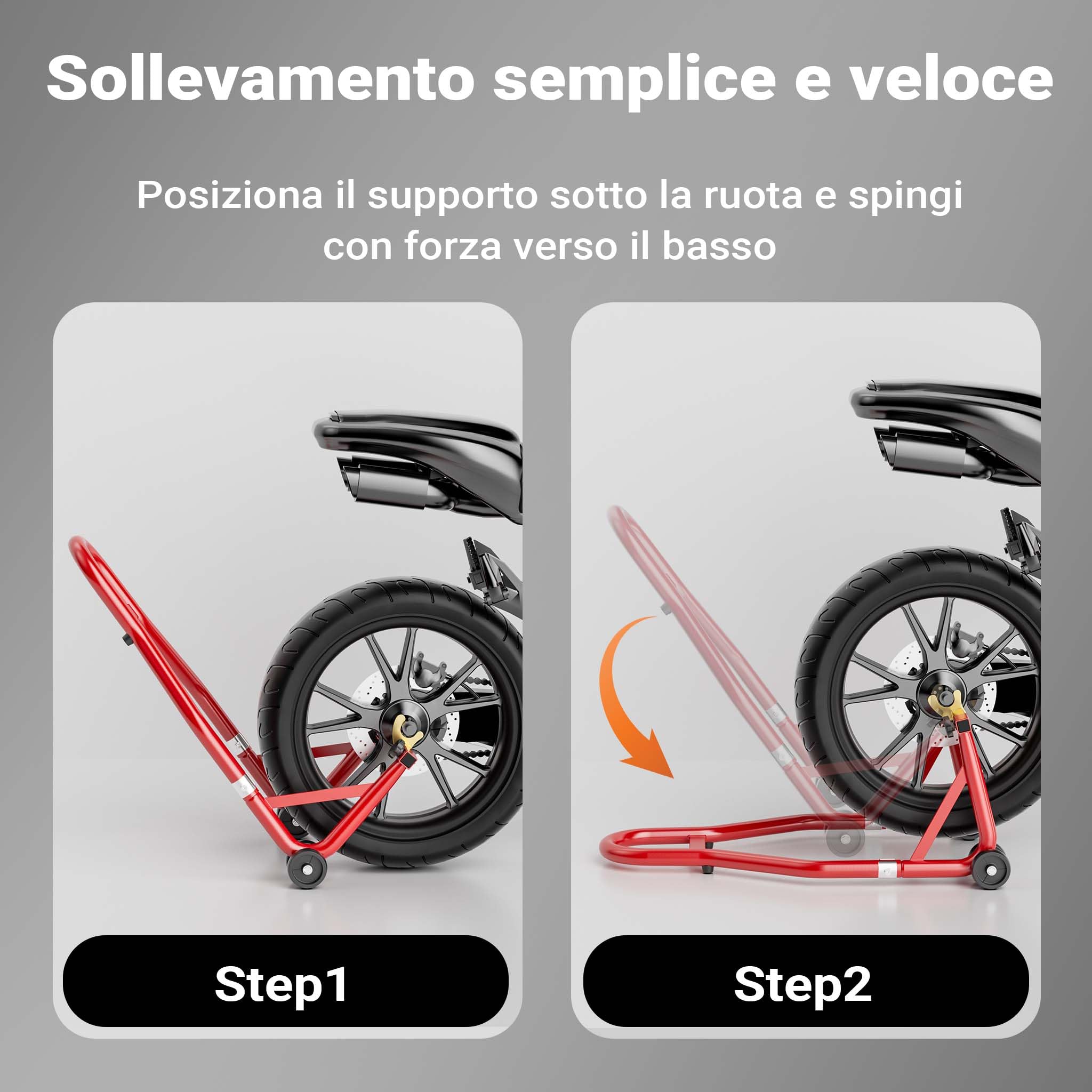 Wiltec Cavalletto alzamoto posteriore sotto forcella, max 450 kg, con rotelle, per ruote posteriori