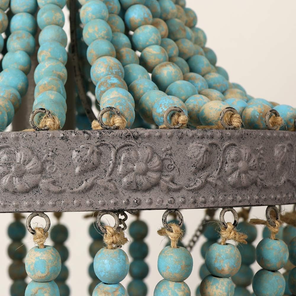 Newrays Wood Bead Chandelier Pendant Bohemian Boho Beachy Ceiling Lamp Light Fixtures (Gray Blue-Small Plug in, 13.58 in*15.74 in)