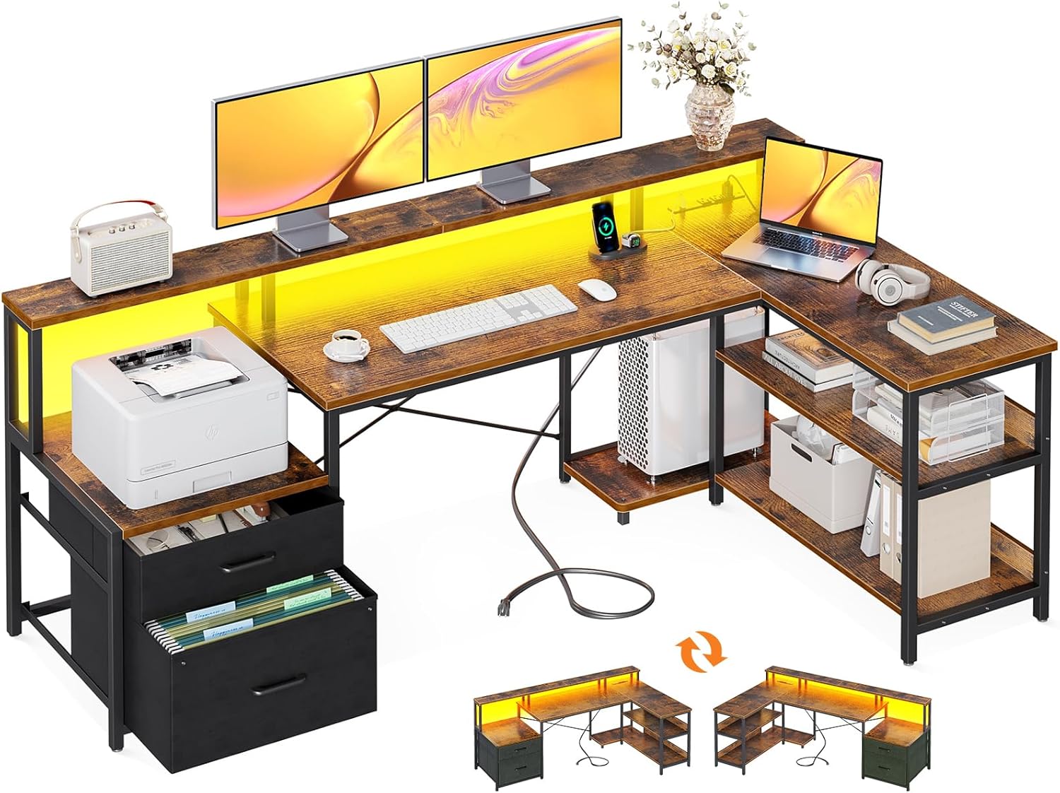 ODK 75" L Shaped Desk with File Drawers, Work from Home Office Desk with Power Outlet, Reversible Computer Desk with Storage Shelves, Gaming Desk with Monitor Shelf, Corner WFM Table, Vintage