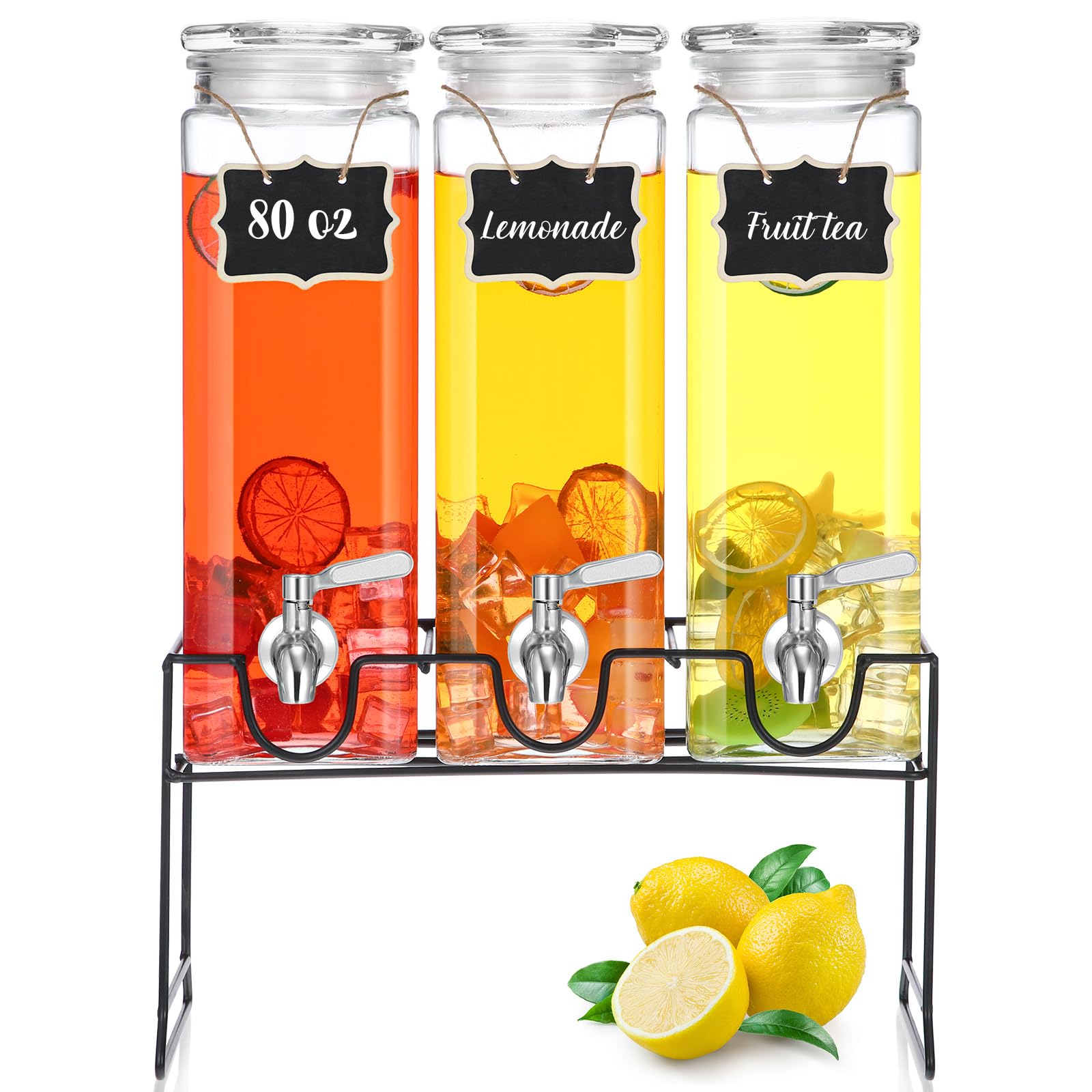 Yiyiring 3 Pack 80 oz Tall Square Glass Drink Dispenser with Stand, Lid, Label and Stainless Steel Leakproof Spigot Beverage Dispenser Water Dispenser Clear Rectangular Mason Jar for Party Fridge