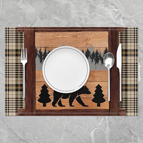 Miniatura 2 de Juego de 4 manteles individuales para mesa de oso, diseño rústico de animales salvajes, 12 x 18 pulgadas, para mesa de cocina, tablero de madera