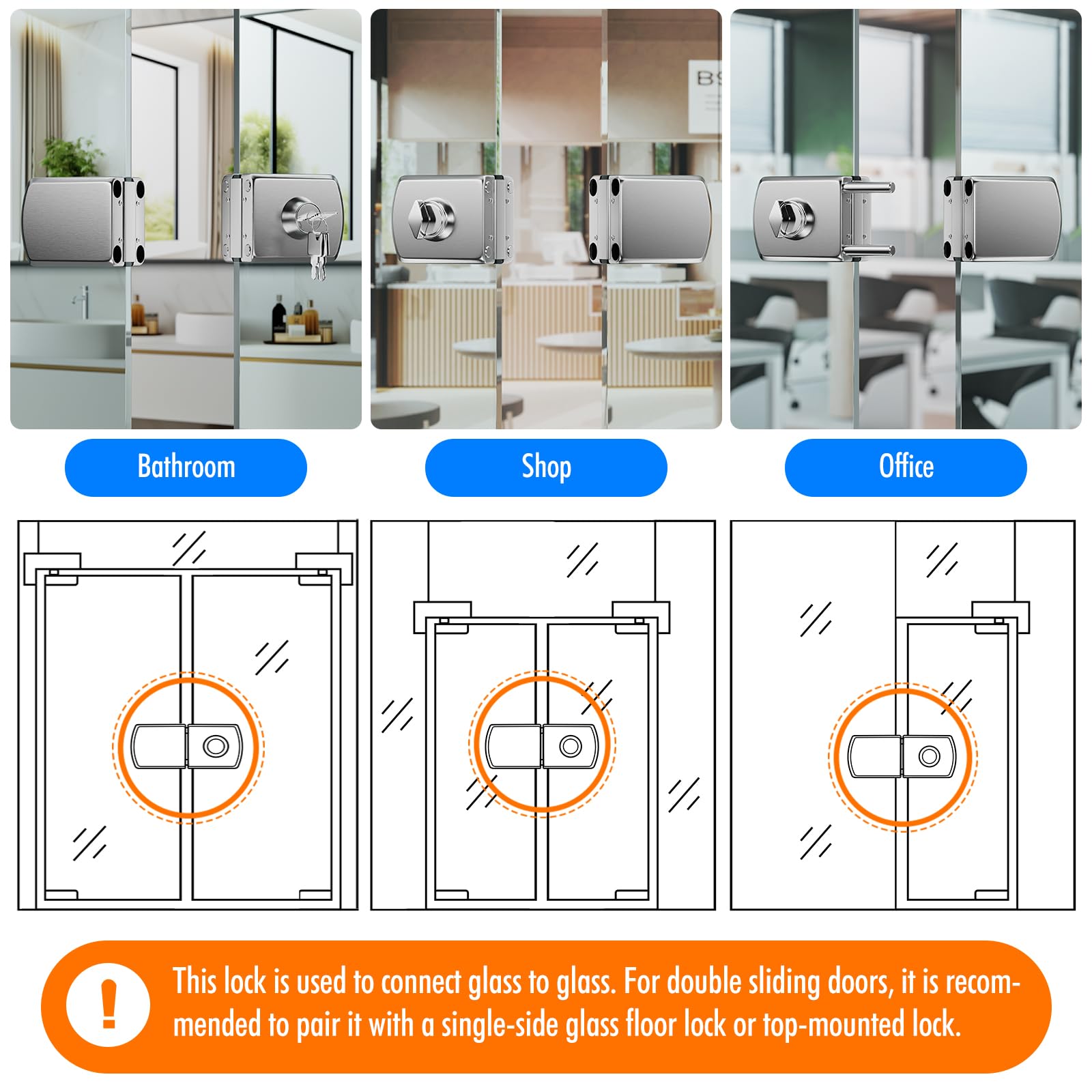 Serrure pour Porte en Verre Sans Perçage en Acier Inoxydable 304, Finition Nickel Brossé, Double Verrouillage Clé et Bouton, Sécurité Renforcée pour Verre Trempé 10–12 mm, Maison Bureau Salle de Bain