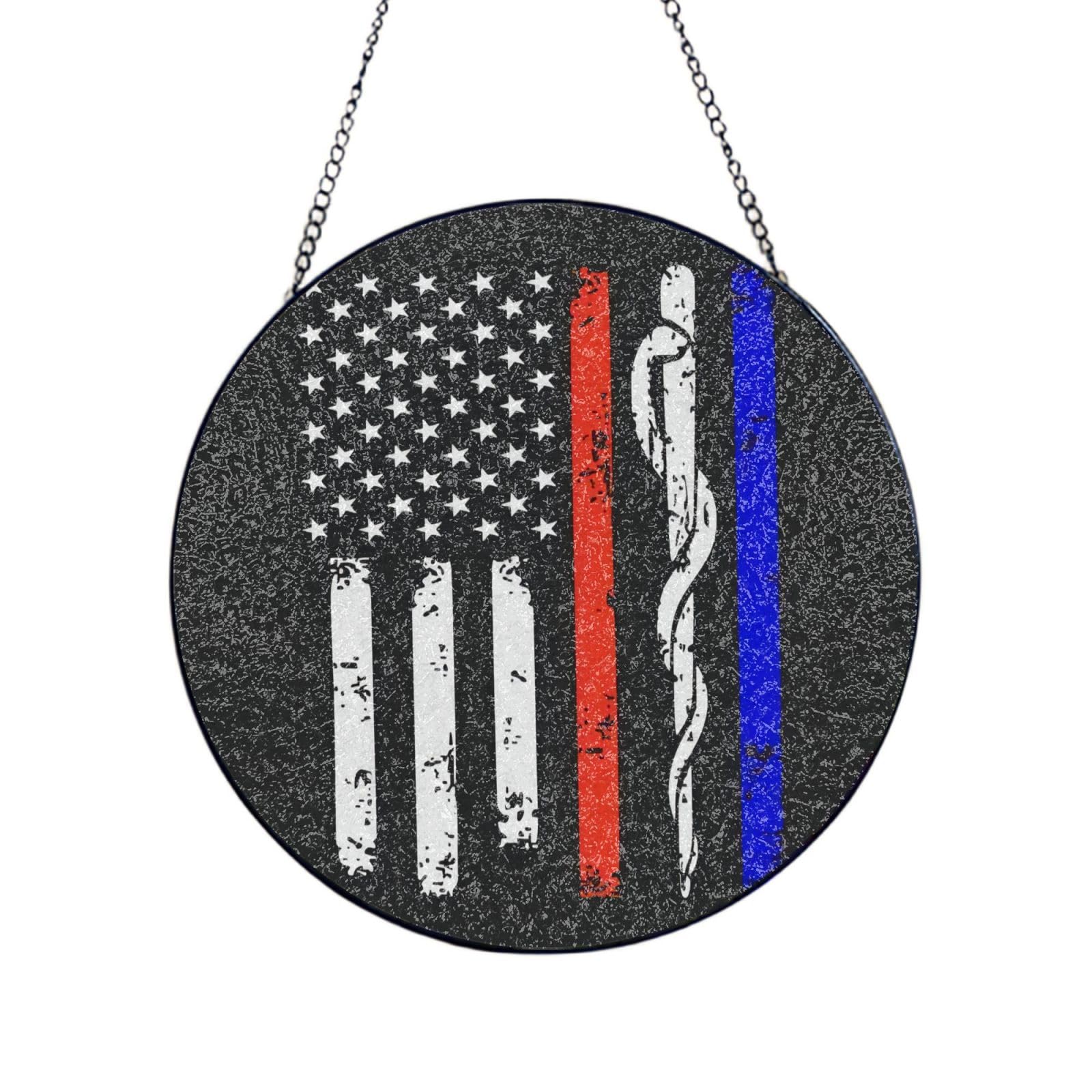 Phayah Red Stripe Firefighter Usa Flag Print Glass Window Hanging Sun Catchers Suncatcher Decor For Birthday For Home Garden Porch 4in（10cm）