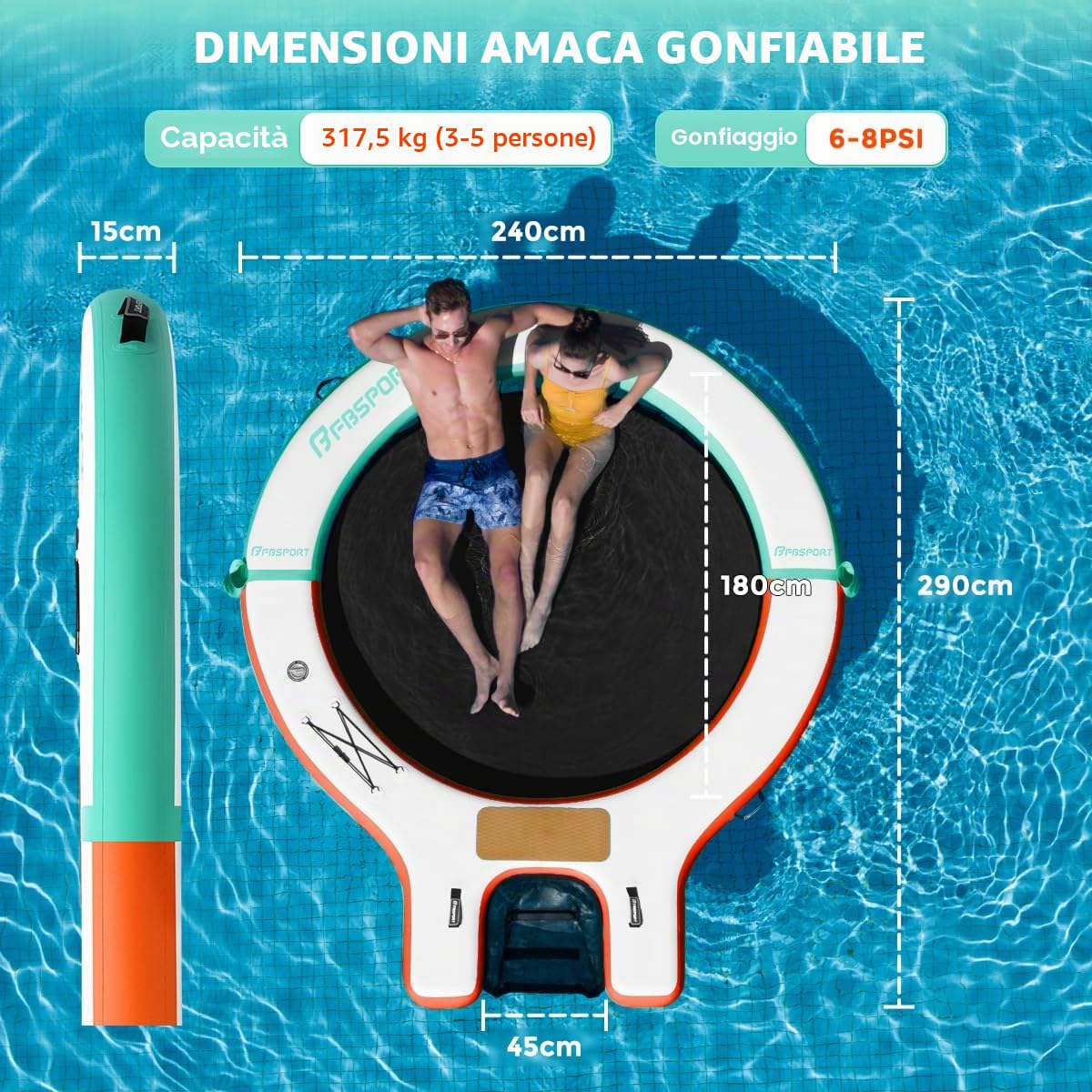 Piattaforma Galleggiante Gonfiabile Sunchill 240 cm per 3-5 Persone con Rampa per Cani, Isola Gonfiabile Rotonda con Scaletta Rimovibile, Portabicchieri, Pompa ad Aria e Borsa per Piscina, Lago e Mare