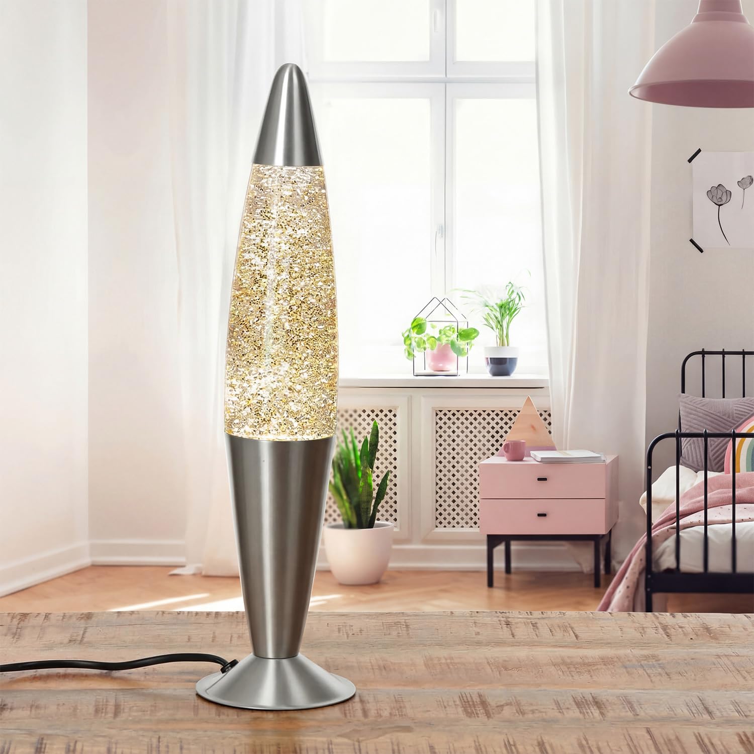 Easylight Lámpara de lava dorada ROXY A:40 cm liquido con purpurina con interruptor de diseño retro G9 incl. idea de regalo para el salón
