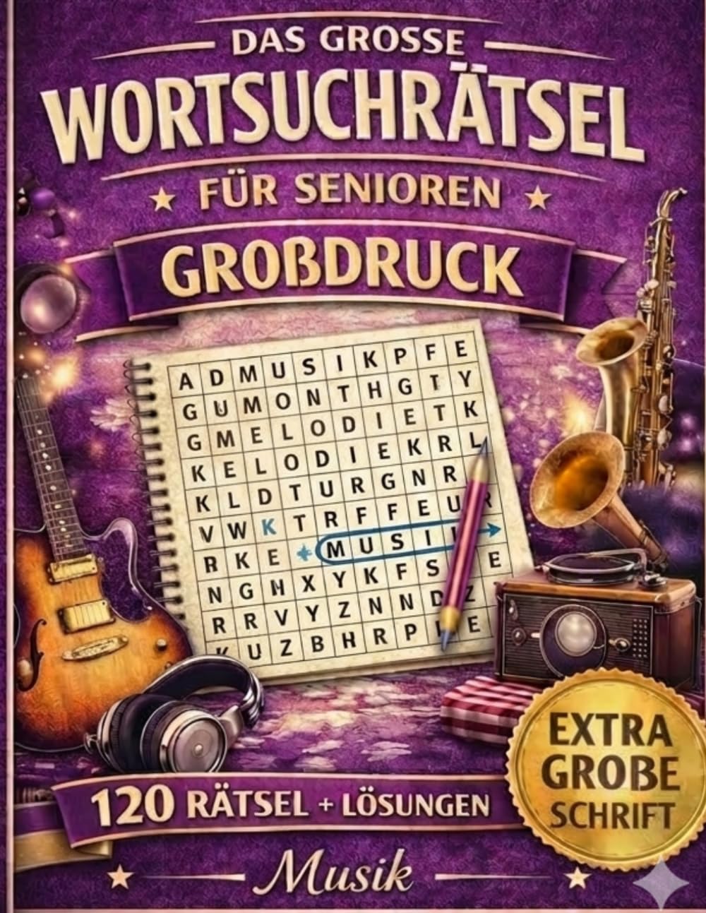 XXL Wortsuchrätsel für Senioren - Musik Buch Großdruck: 120 musikalische Rätsel für Erwachsene - Große Schrift, leicht lesbar, fördert Gedächtnis und Konzentration