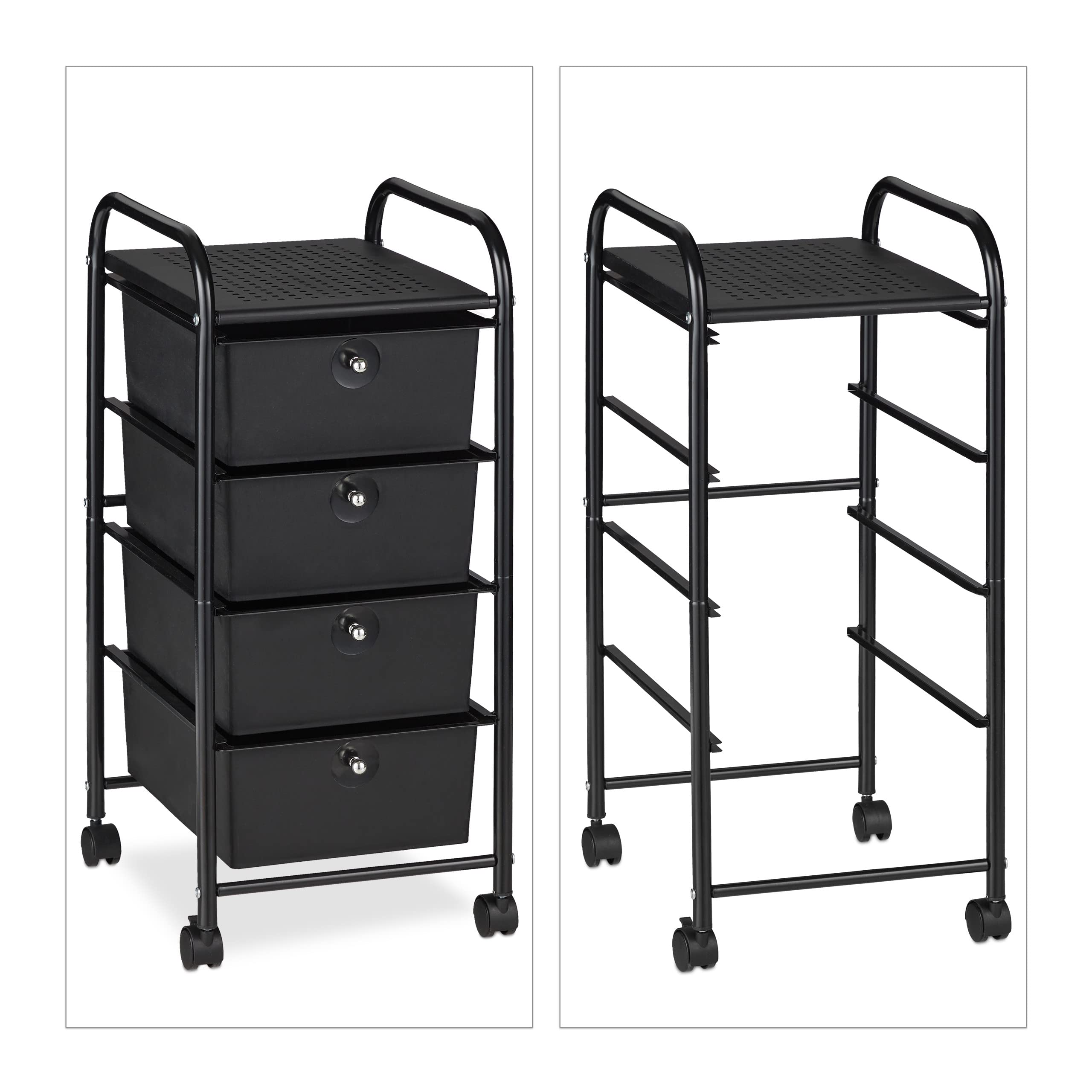 Relaxdays Chariot sur Roues pour Bain, 4 tiroirs, métal et Plastique, cosmétiques, 74 x 33 x 39 cm, Choix de Couleurs, Noir, 1 unité