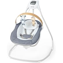 Ingenuity SimpleComfort Compact Baby Swing, Rotating Seat Swings in 3 Directions, 6 Speeds, 8 Melodies &amp; 3 Nature Sounds, Ages 0-9 Months, Up to 20 Pounds - Chambray