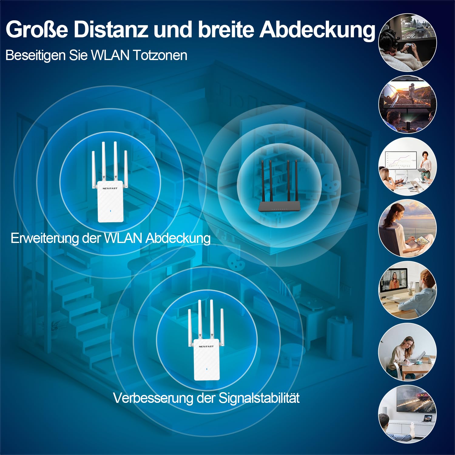 NEWFAST WLAN Verstärker,300Mbps WLAN Repeater WiFi Extender mit 4 Schwenkbare Antenne,Ethernet Port,WPS,MU-MIMO,Unterstützung Repeater/Router/Ap Modus für Zuhause und Büro,1-Tippen Einrichten,EU Plug - 5