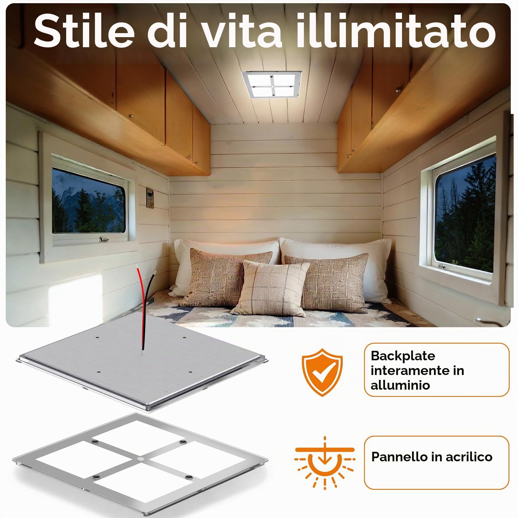 21,5CM x 21,5CM 12W Plafoniera LED 12V Camper LED Lampada Acrilico Dimmerabile per Caravan Barca Yacht, 1080lm Interruttore dimmer integrato, CRI 90+ (5000K)