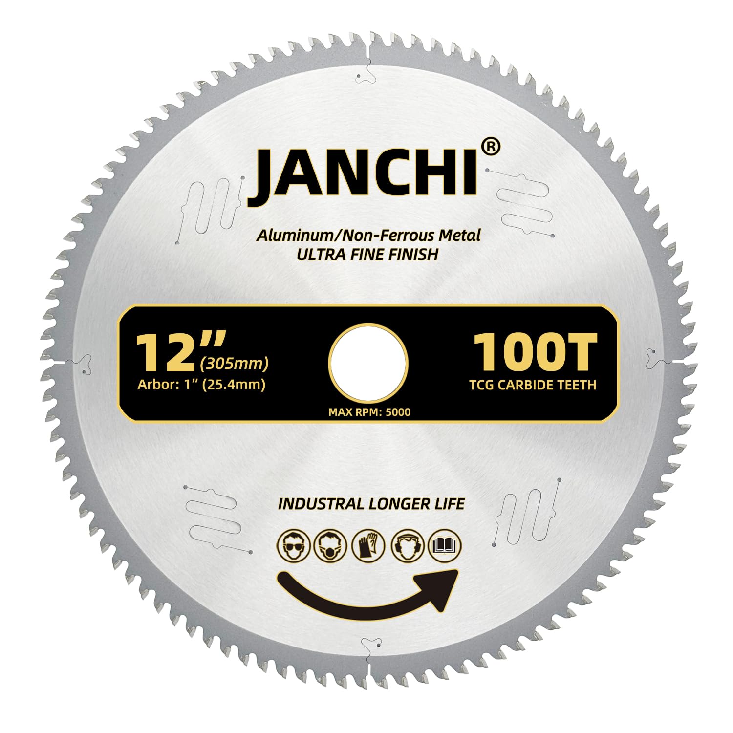 12-Inch 100T Ultra Fine Finish Aluminum/Non-Ferrous Metal Saw Blade with 1-Inch Arbor, Upgrade TCG Grind Teeth for Ultra Fine Finish Cutting Thin Aluminum, Plastic, Composite and Non-Ferrous Metal