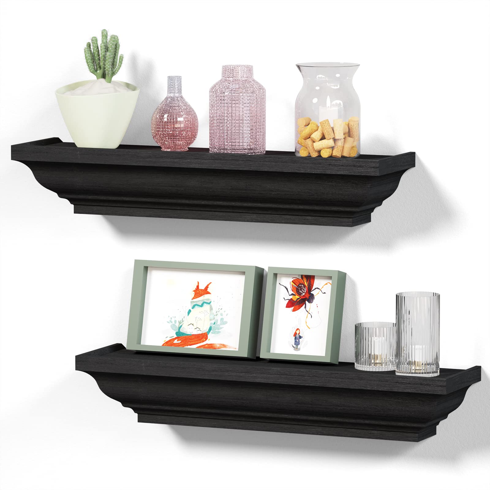 Alsonerbay Floating Shelves Black, Wood Shelves Rustic Shelves for Wall Storage, Wall Mounted Shelves for Bedroom Living Room Bathroom, 17 Inch 2 Pcs