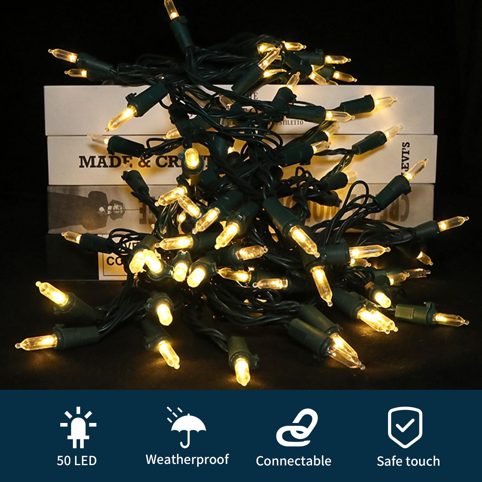 Guirnalda de luces para interiores, 50 mini LED de color blanco cálido, 5,7 m, alambre verde, luces de hadas de Navidad para dormitorio, fiesta, boda (50 unidades)