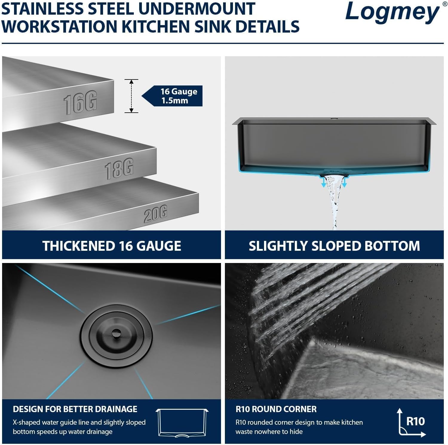Logmey Gunmetal Black Kitchen Sink 33x19 Drop in Kitchen Sink Workstation 33 Inch Single Bowl Sinks 16 Gauge Stainless Steel 9'' Deep Sink with 1 hole 33x19x9