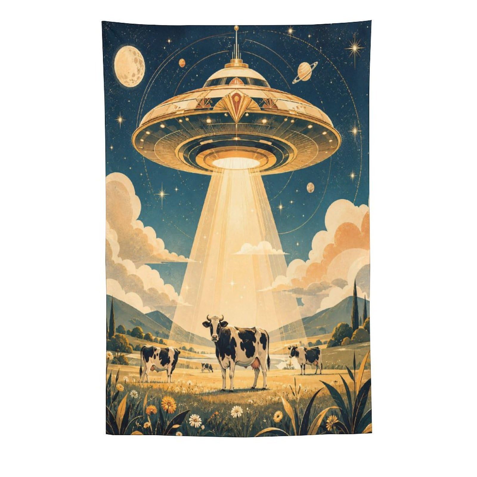 H3B8U2Y5 UFO Cattle Cosmic Sky Wall Tapestry, Realistic Illustration Style