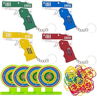 Rubber Band Gun, 4 Pack, 4 Extra Targets & Rubber Bands, Mini Rubber Band Gun, Rubber Band Gun for Kids, Rubber Band Gun Keychain, for Kids & Adults, Rubber Band, Rubber Band Shooters (Multicolor)