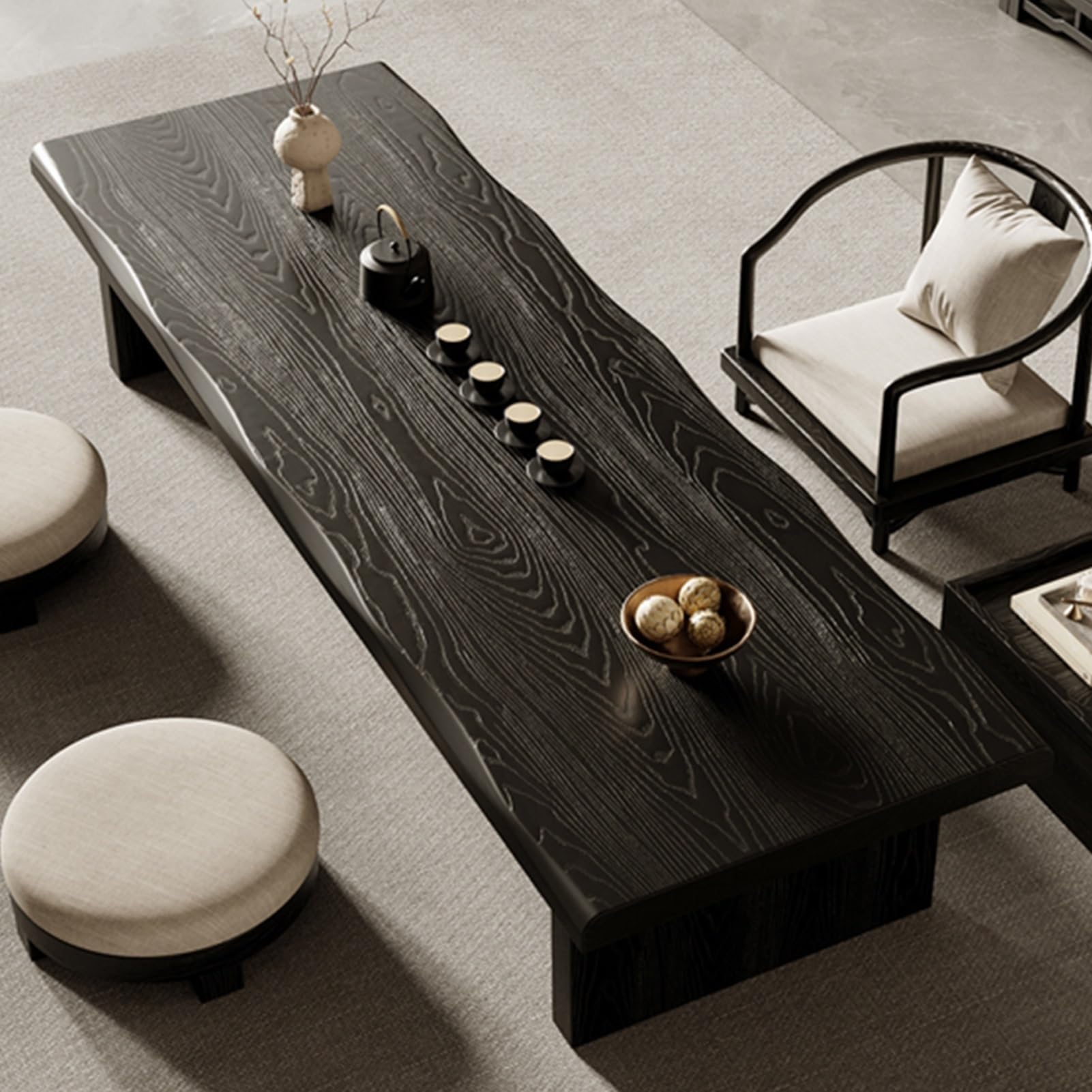 Table Basse Japonaise Multifonctionnelle en Bois Massif Noir de 120 cm